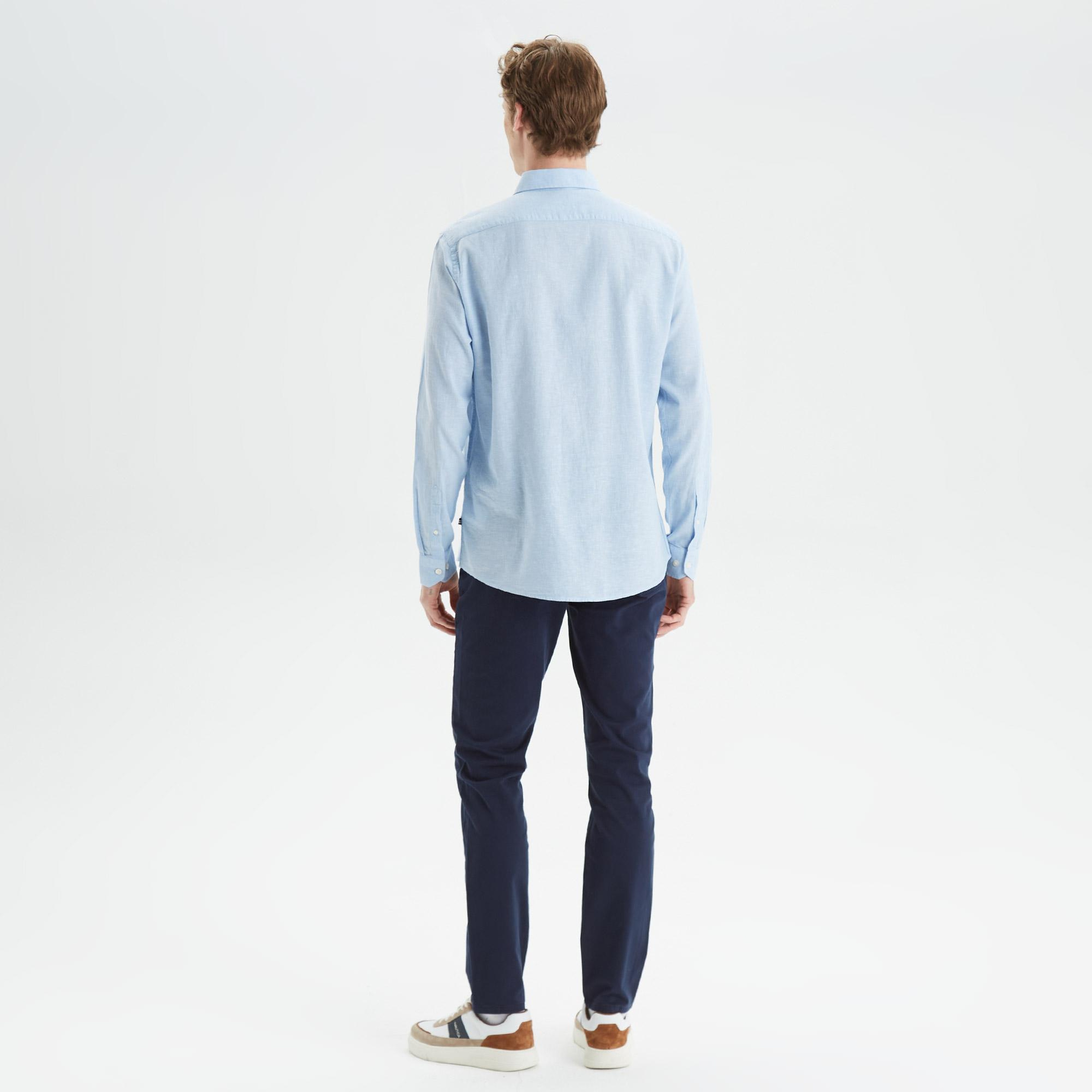 Nautica Erkek Mavi Slim Fit Uzun Kollu Keten Gömlek