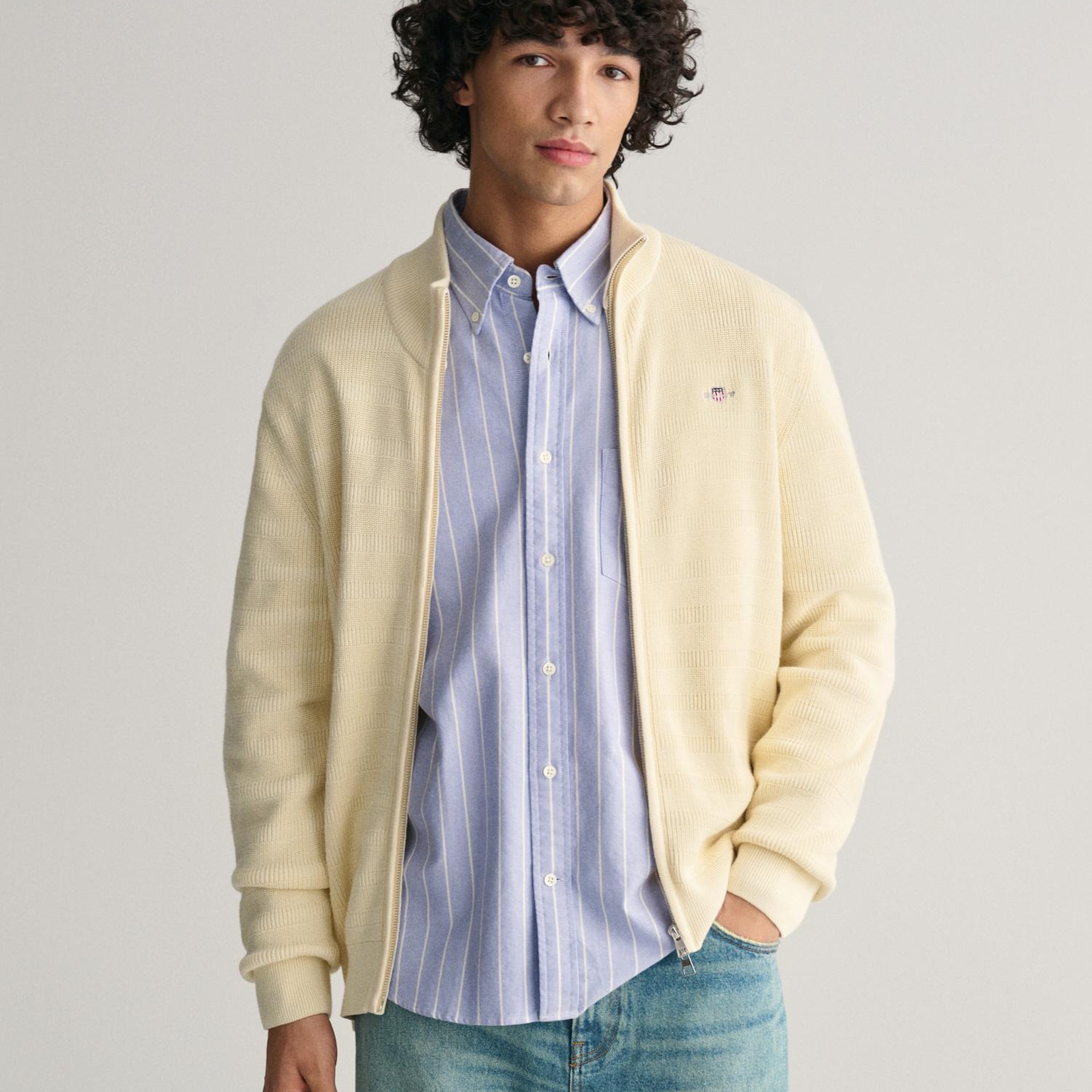 GANT Erkek Krem Regular Fit Fermuarlı Logolu Hırka