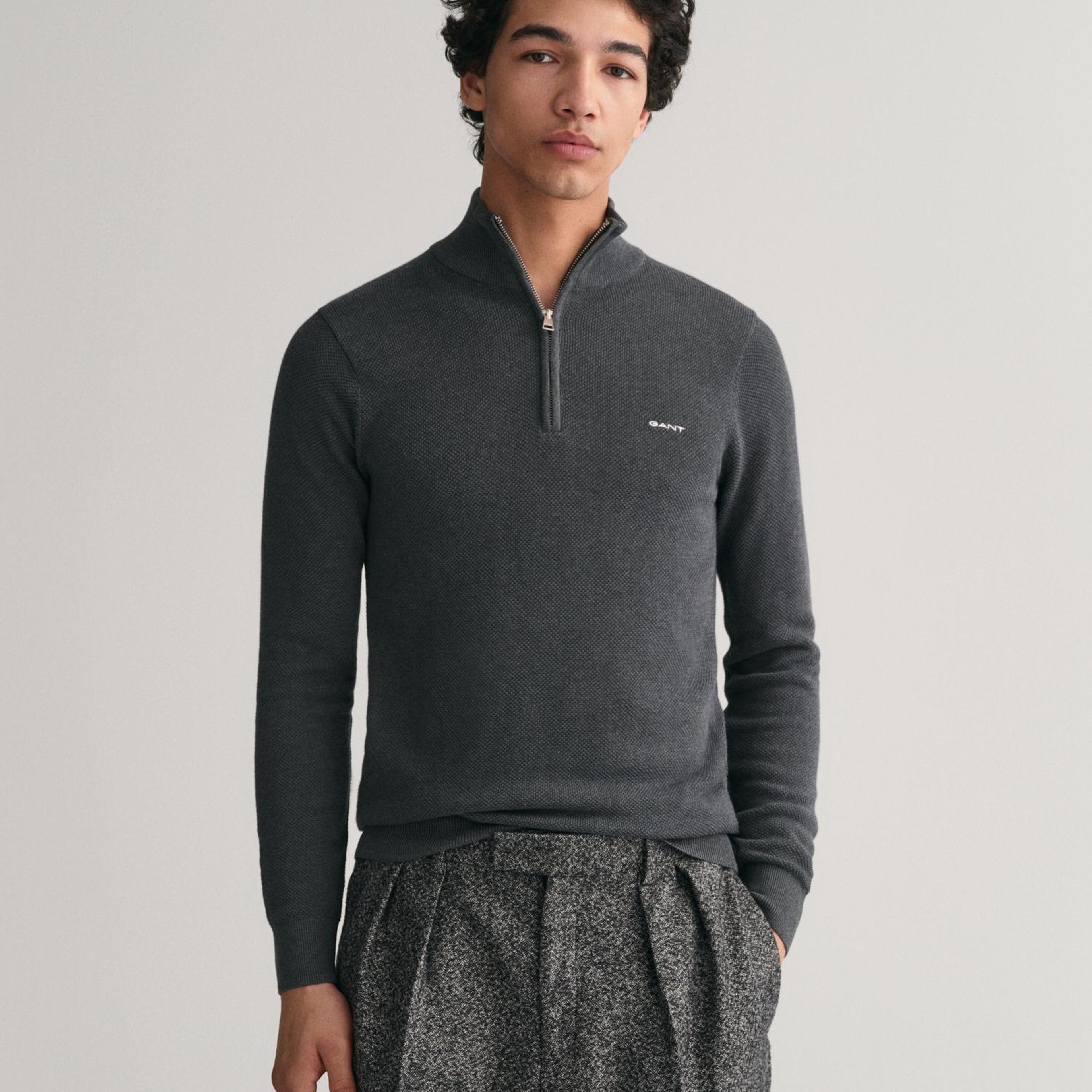 GANT Erkek Gri Regular Fit Yarım Fermuarlı Kazak