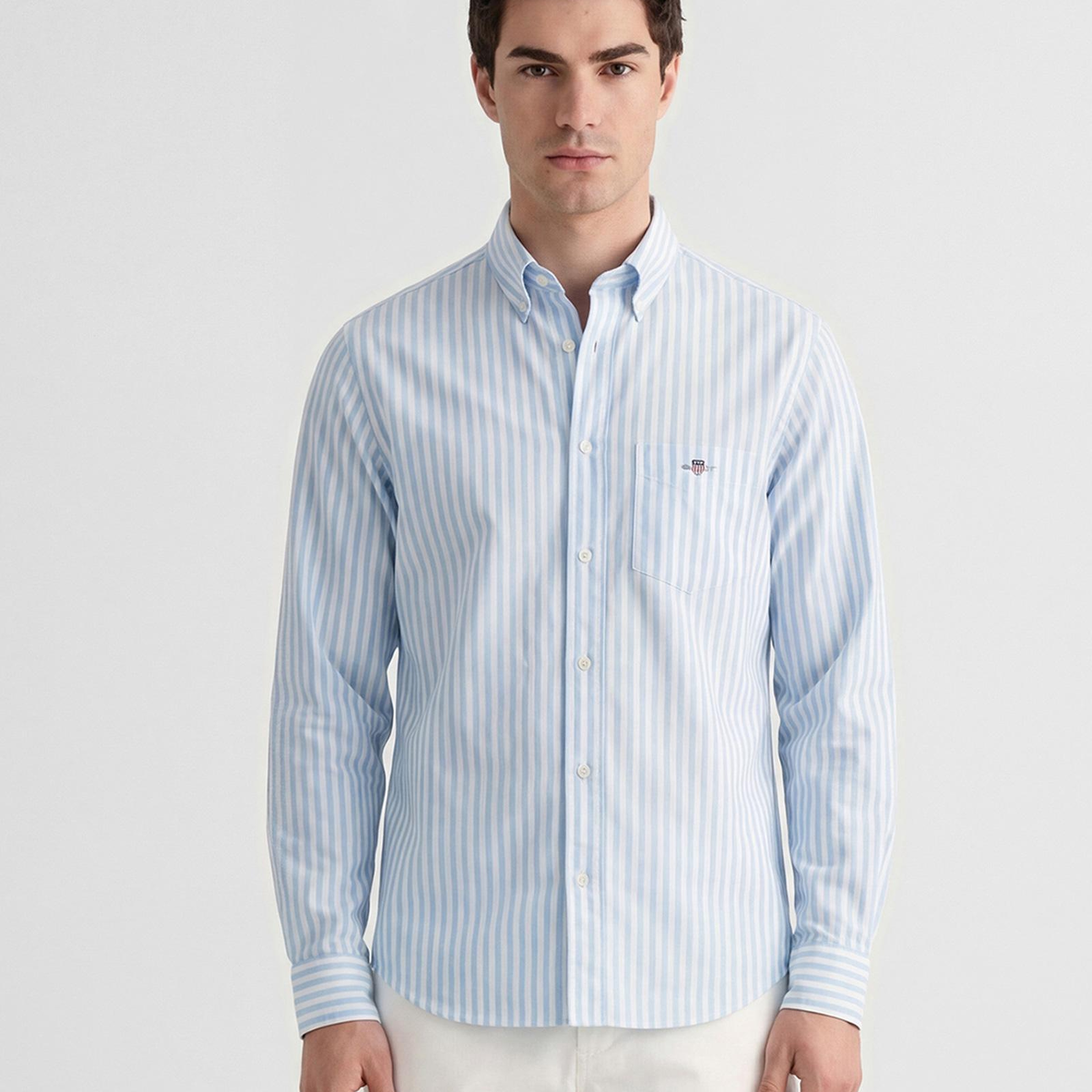 GANT Erkek Mavi Regular Fit Çizgili Logolu Gömlek