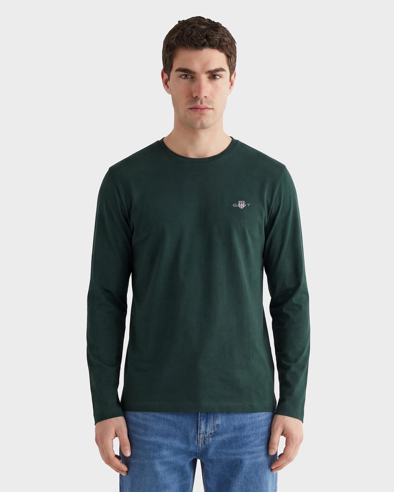 GANT Erkek Yeşil Regular Fit Bisiklet Yaka Uzun Kollu T-Shirt