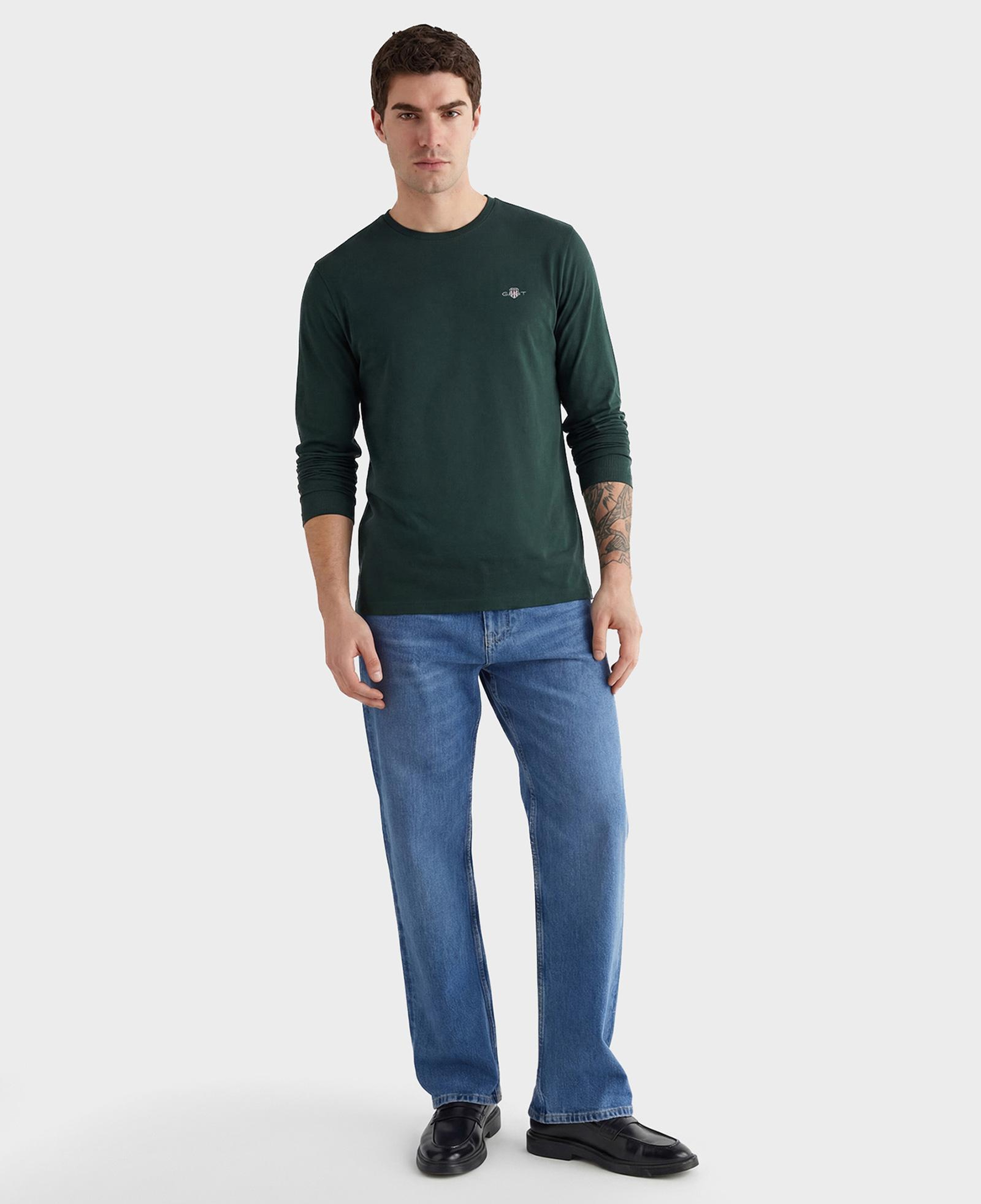 GANT Erkek Yeşil Regular Fit Bisiklet Yaka Uzun Kollu T-Shirt
