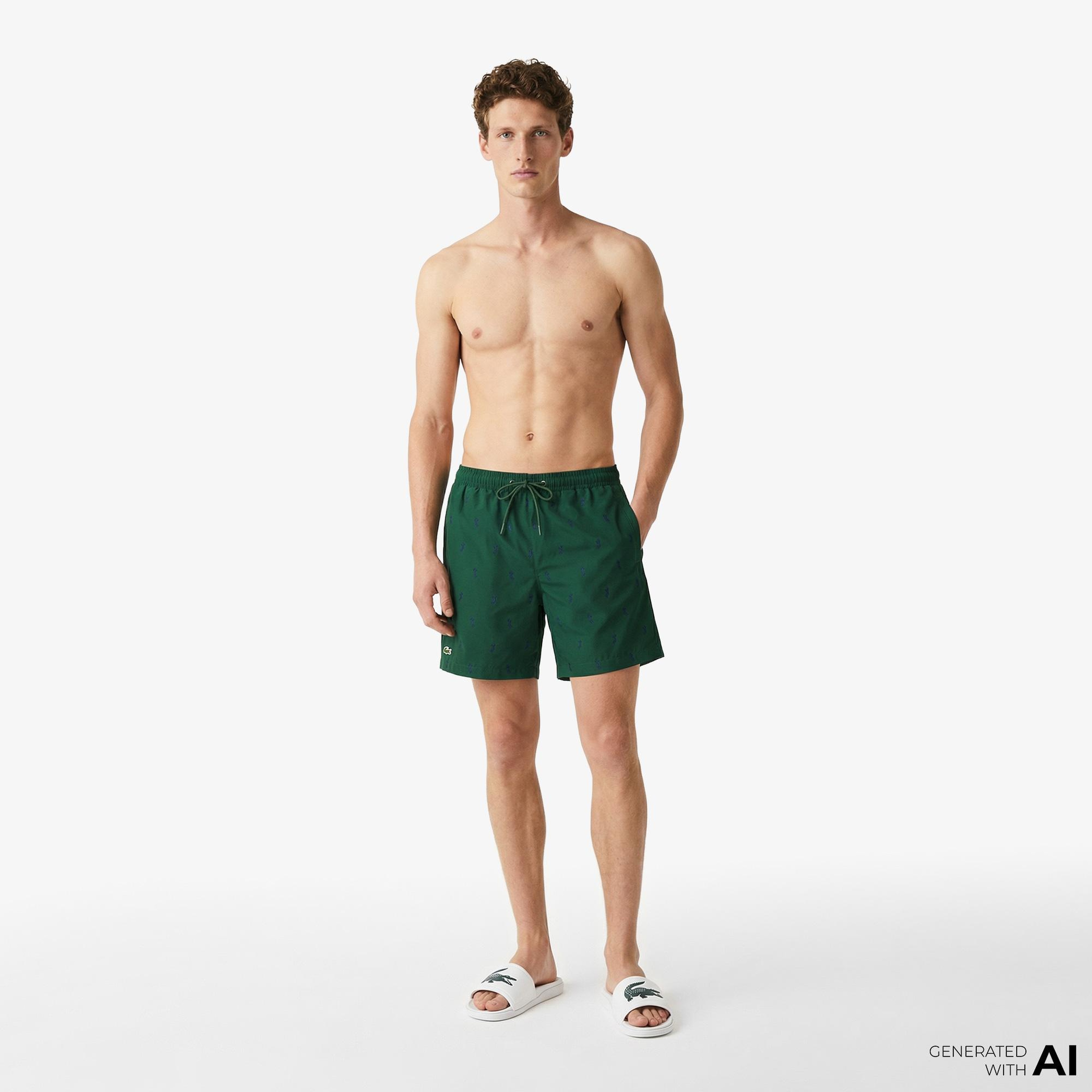 Lacoste Erkek Regular Fit Desenli Yeşil Deniz Şortu