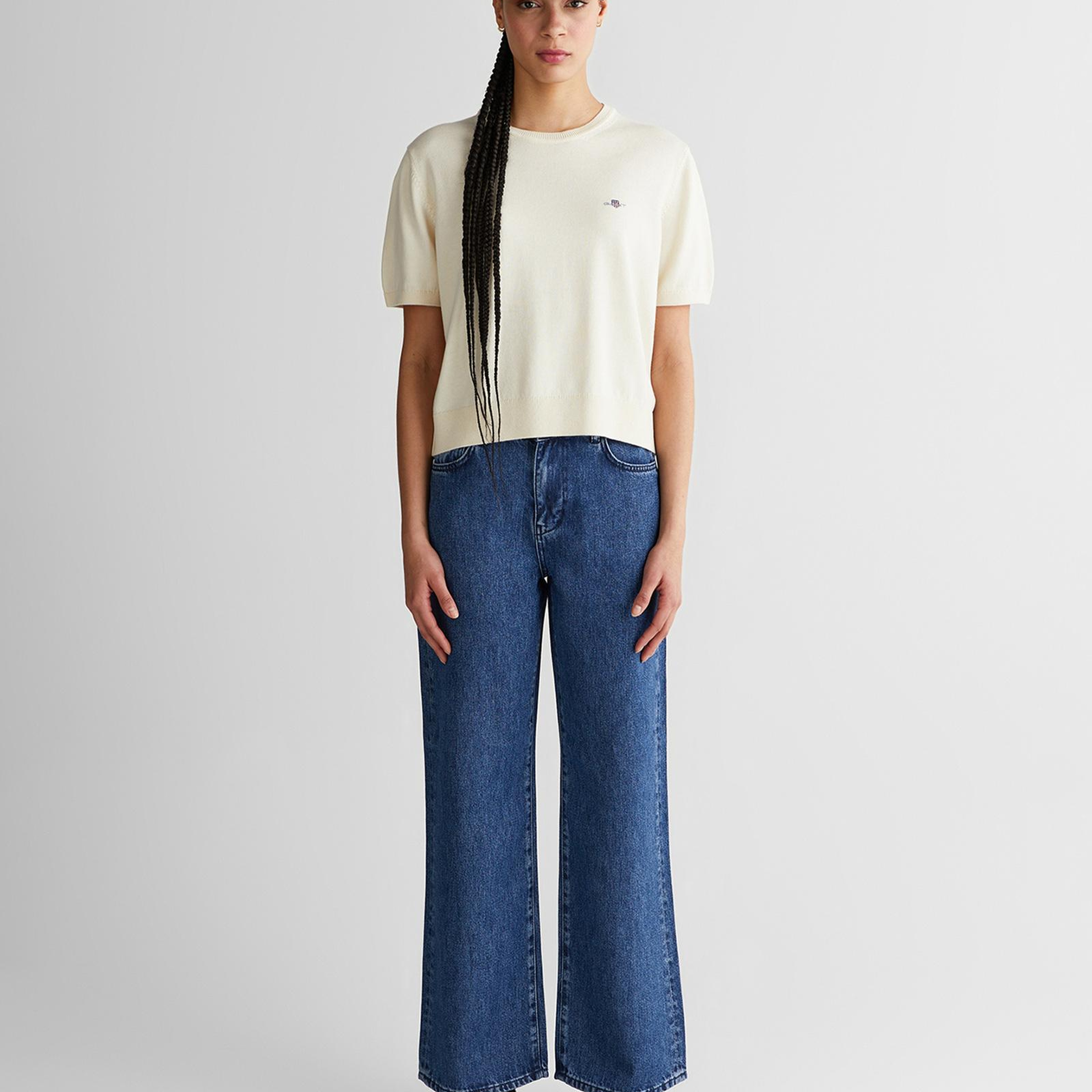 GANT Kadın Beyaz Regular Fit Bisiklet Yaka Kısa Kollu Triko