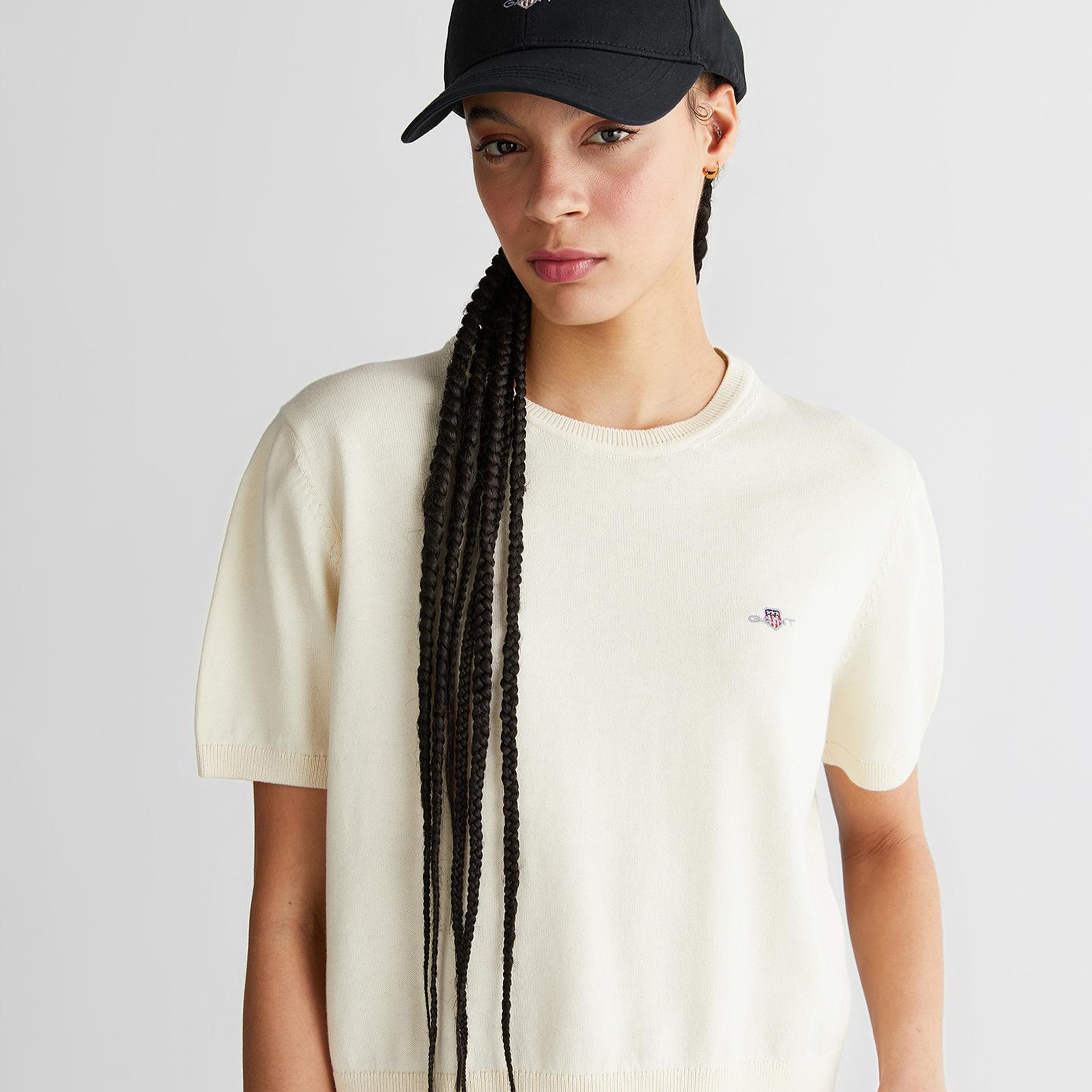 GANT Kadın Beyaz Regular Fit Bisiklet Yaka Kısa Kollu Triko