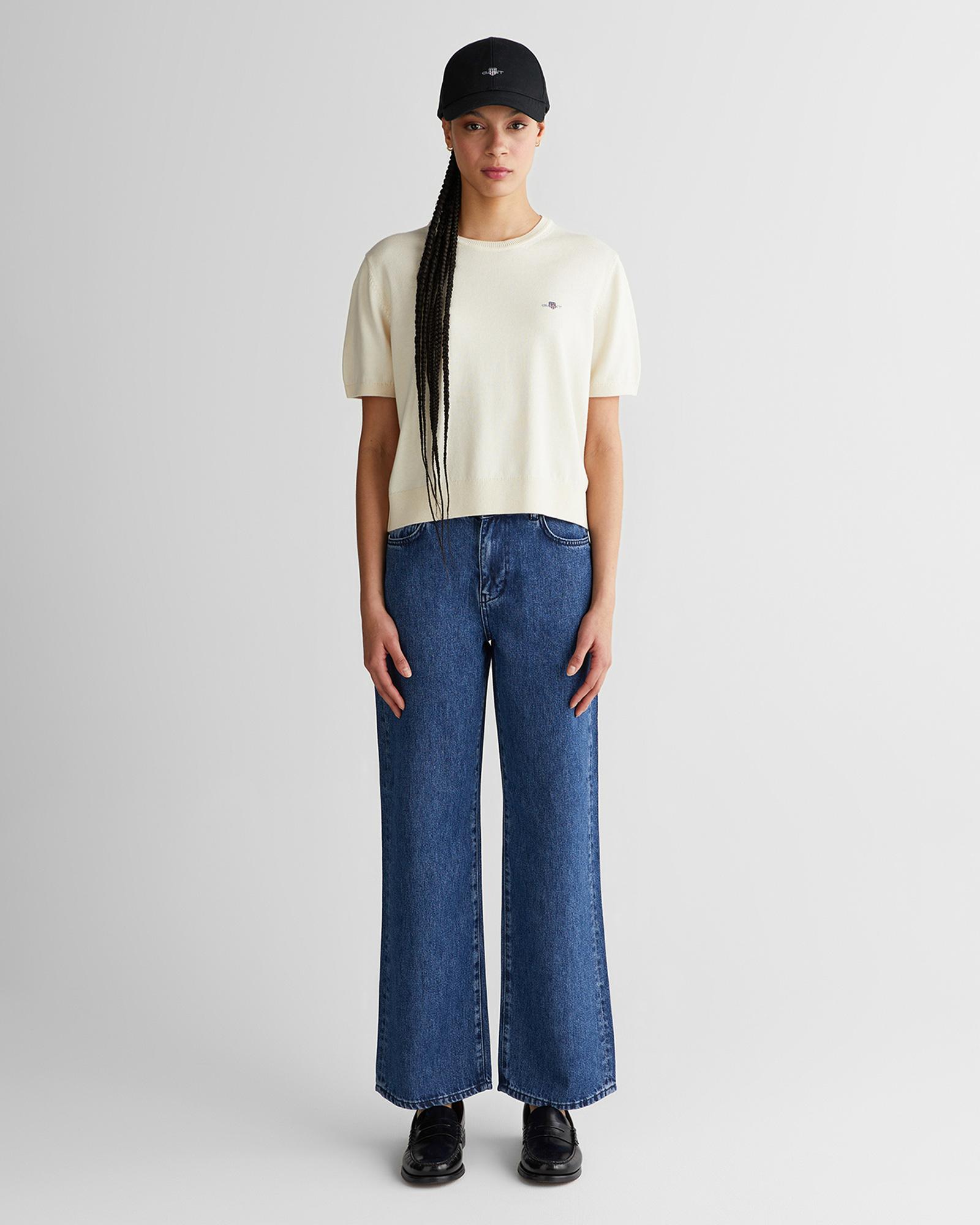 GANT Kadın Beyaz Regular Fit Bisiklet Yaka Kısa Kollu Triko