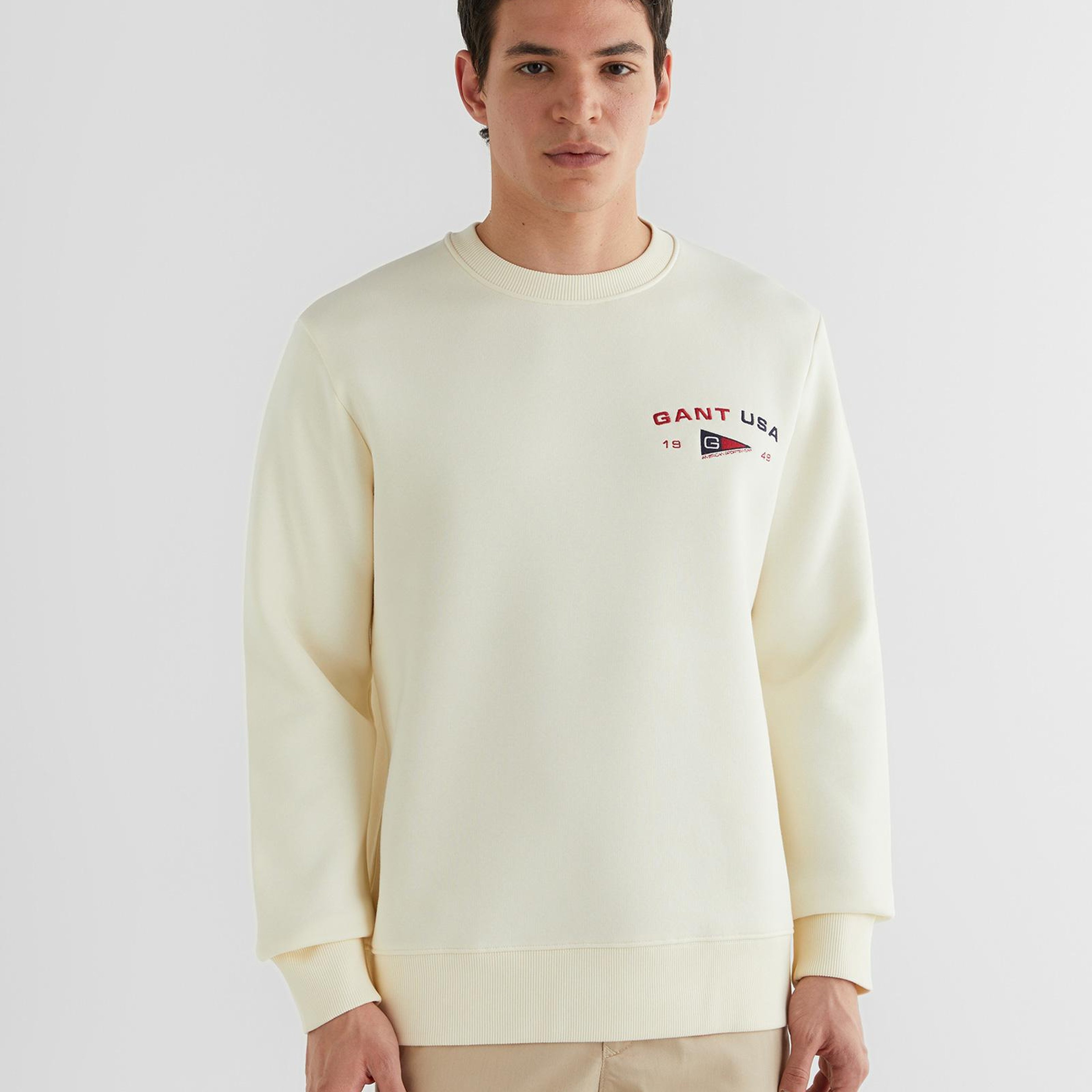 GANT Erkek Krem Regular Fit Bisiklet Yaka Logolu Sweatshirt