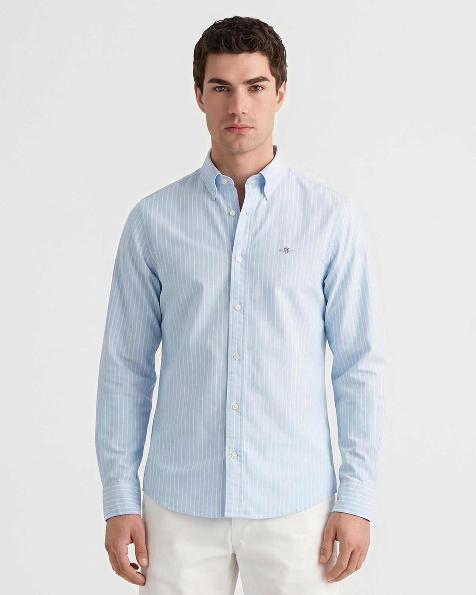 GANT Erkek Mavi Slim Fit Çizgili Logolu Gömlek