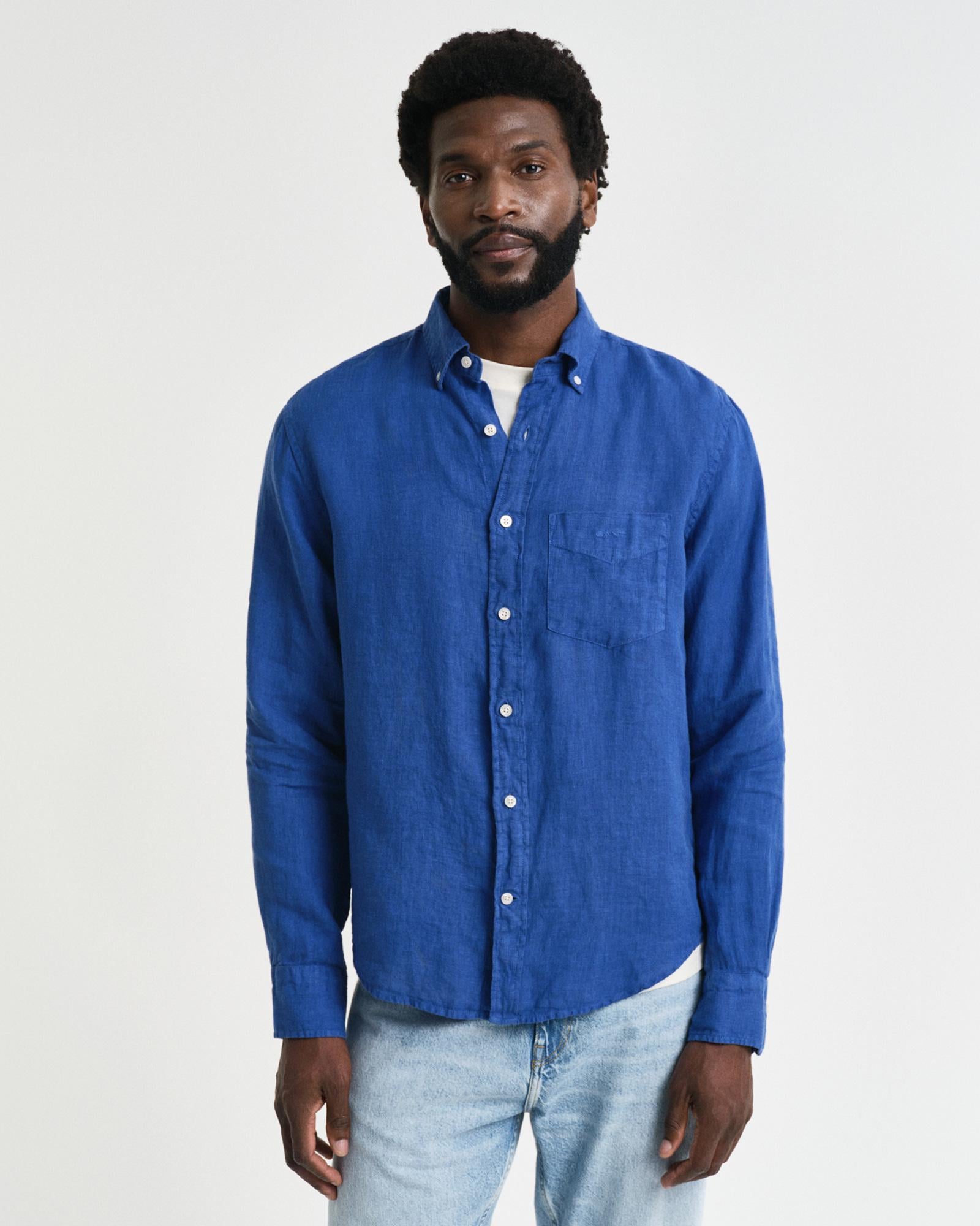 GANT Erkek Lacivert Regular Fit Düğmeli Yaka Keten Gömlek