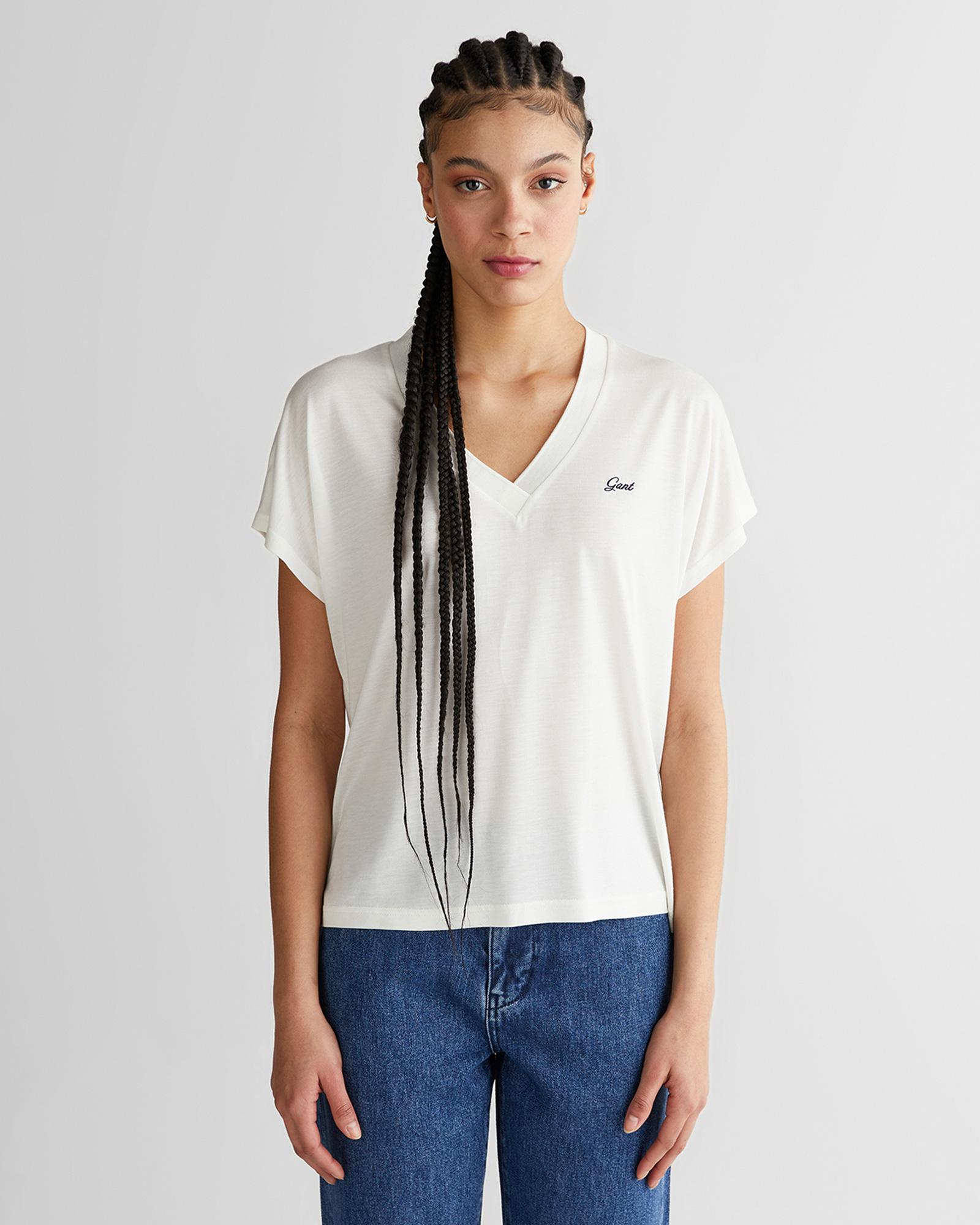 GANT Kadın Beyaz V Yaka Regular Fit T-Shirt