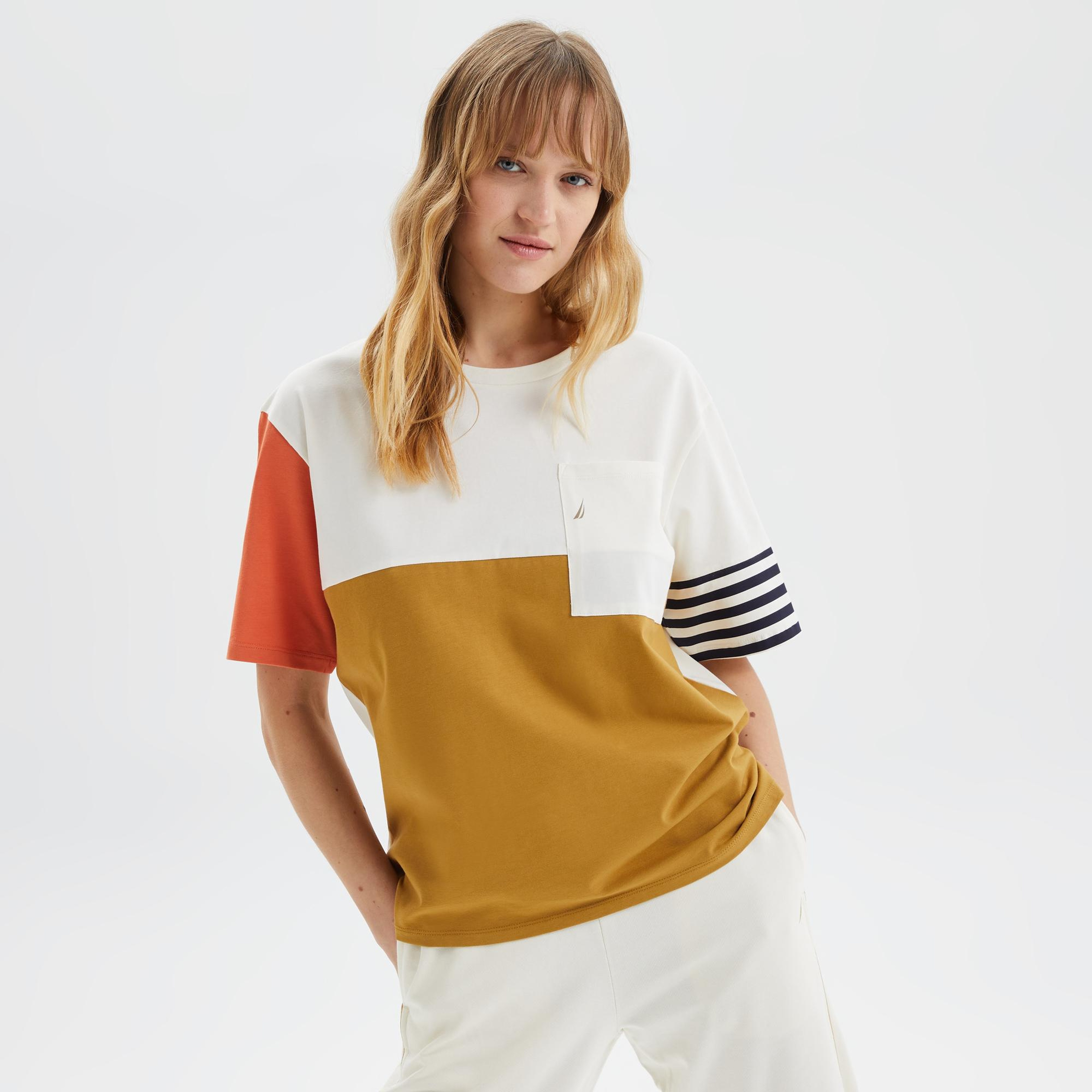 Nautica Kadın Bej Renk Bloklu Oversize T-Shirt