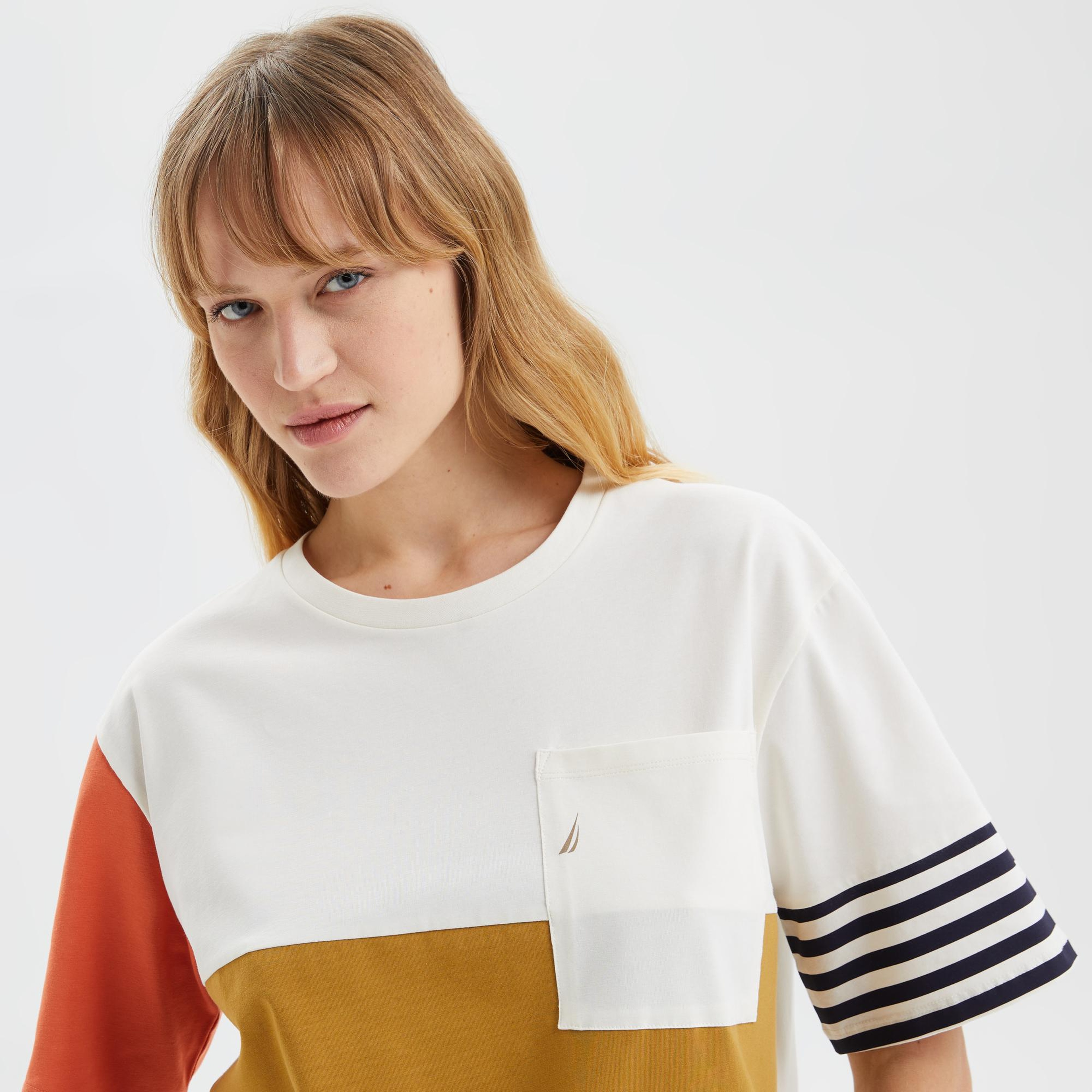 Nautica Kadın Bej Renk Bloklu Oversize T-Shirt