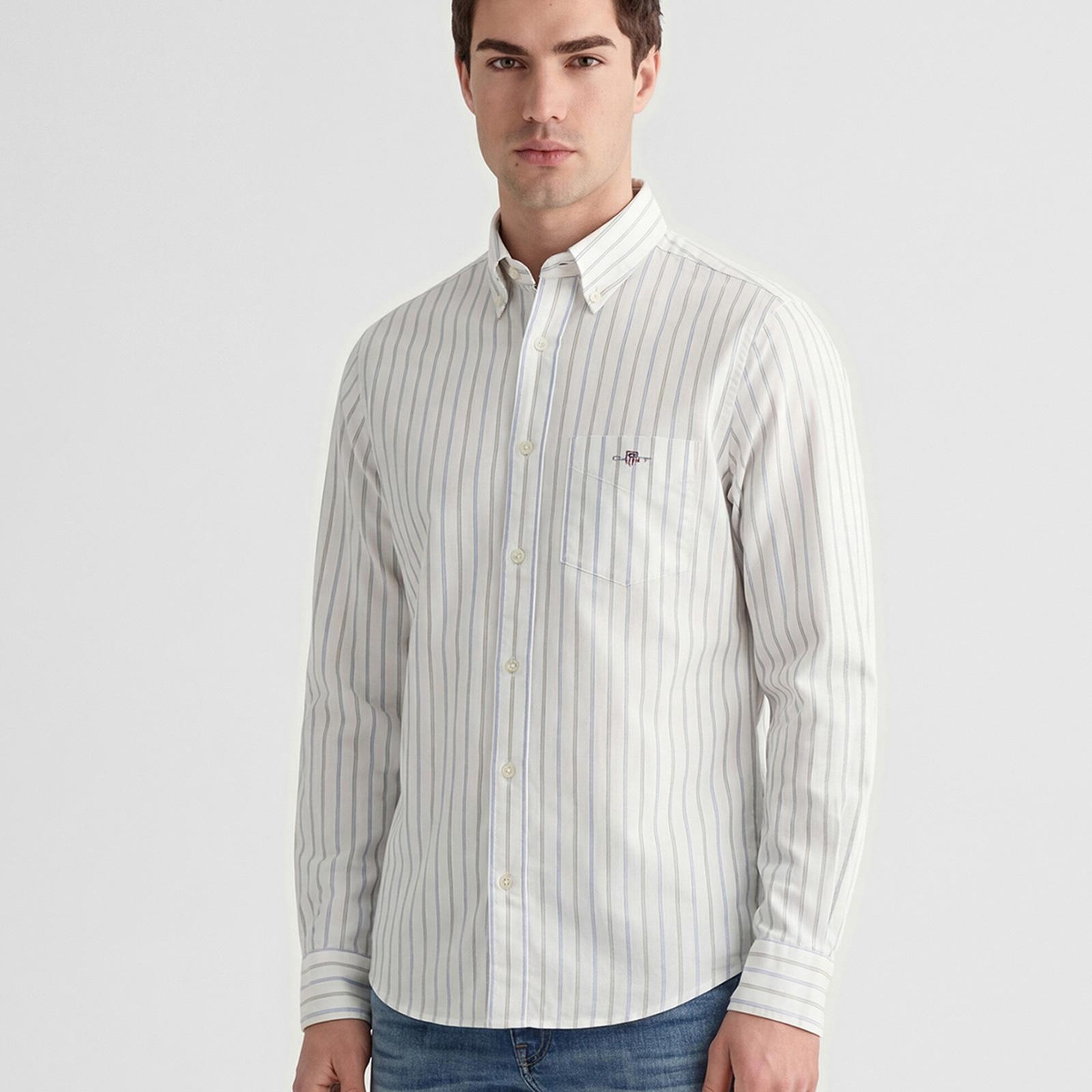 GANT Erkek Beyaz Regular Fit Çizgili Logolu Gömlek