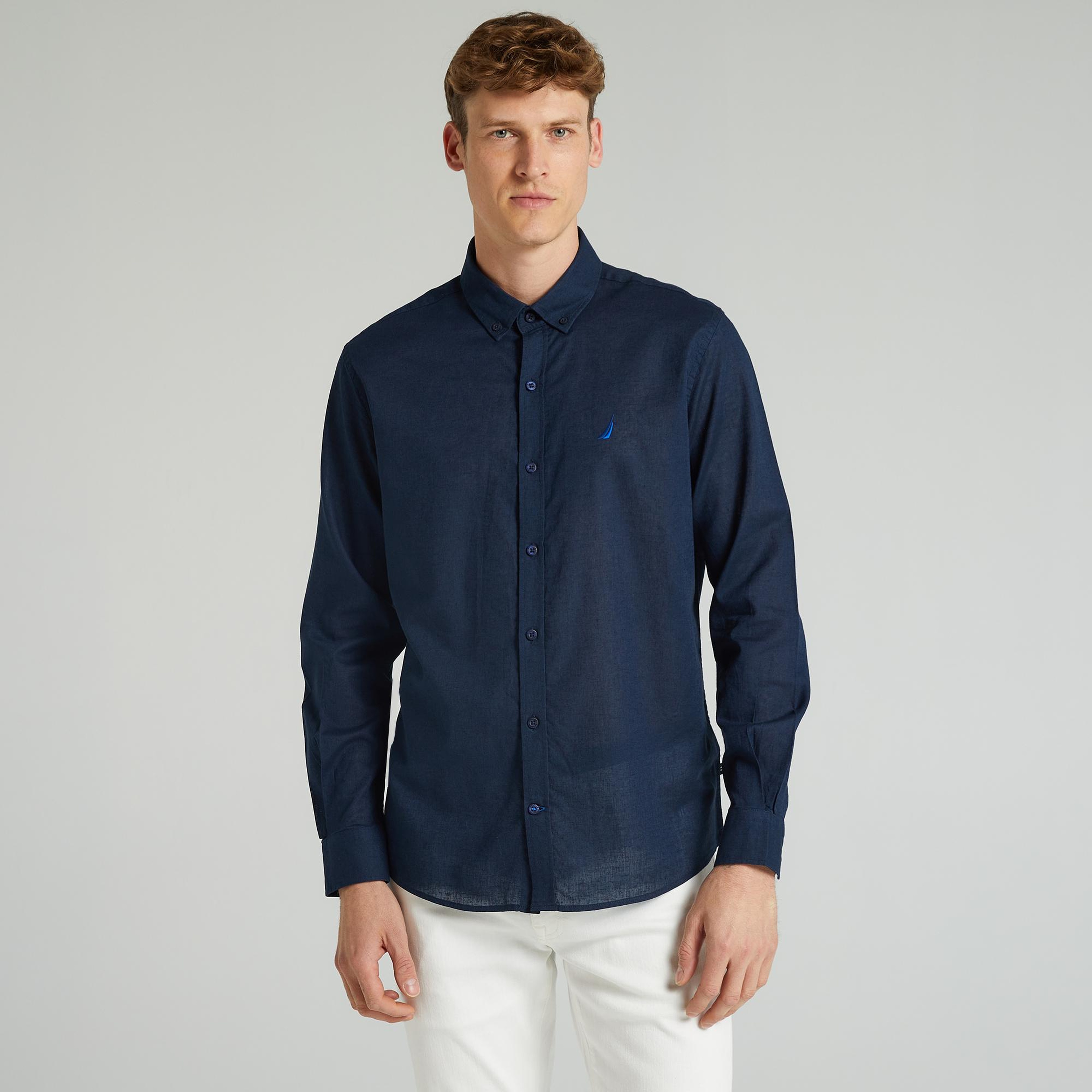 Nautica Erkek Lacivert Classic Fit Uzun Kollu Keten Gömlek