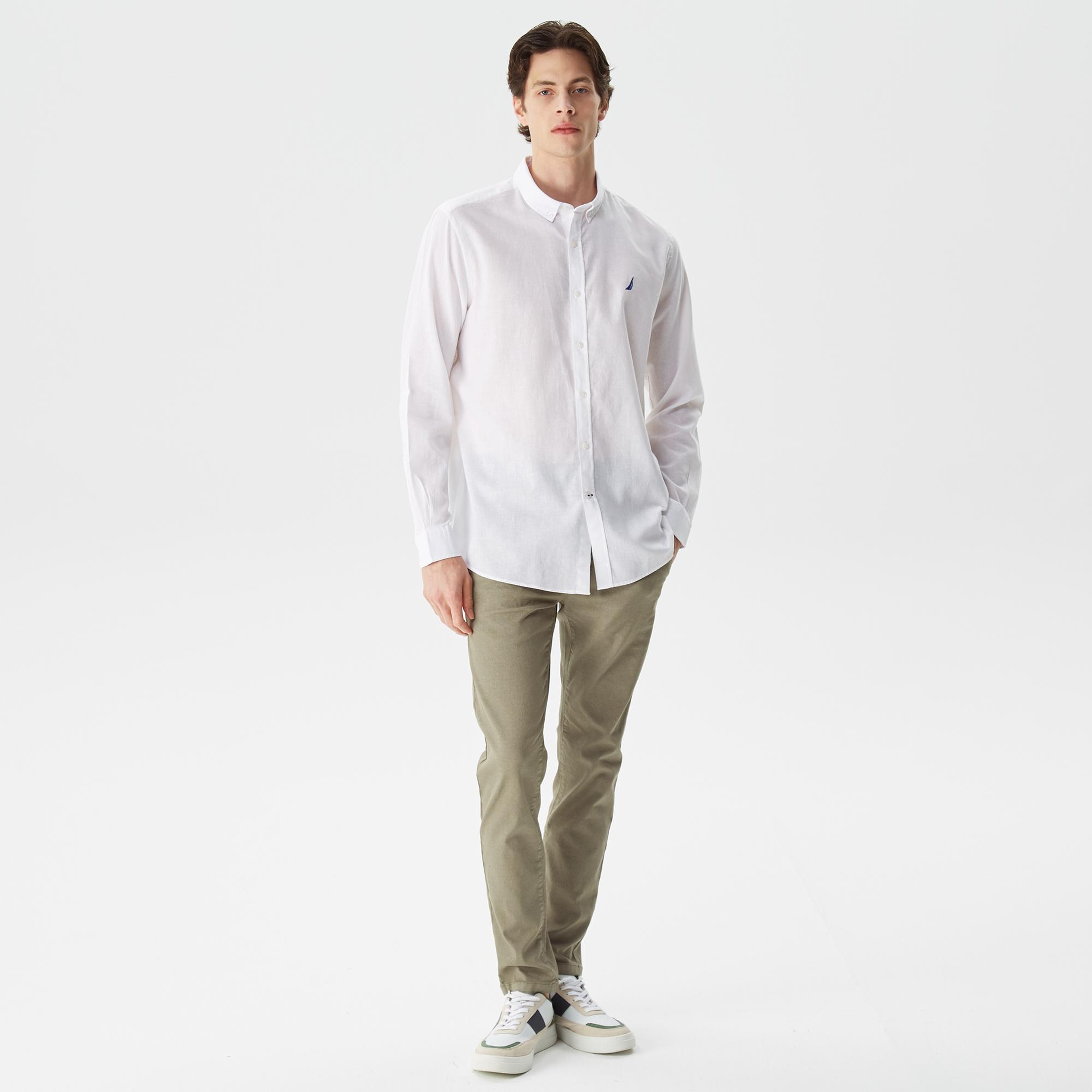 Nautica Erkek Beyaz Classic Fit Uzun Kollu Keten Gömlek