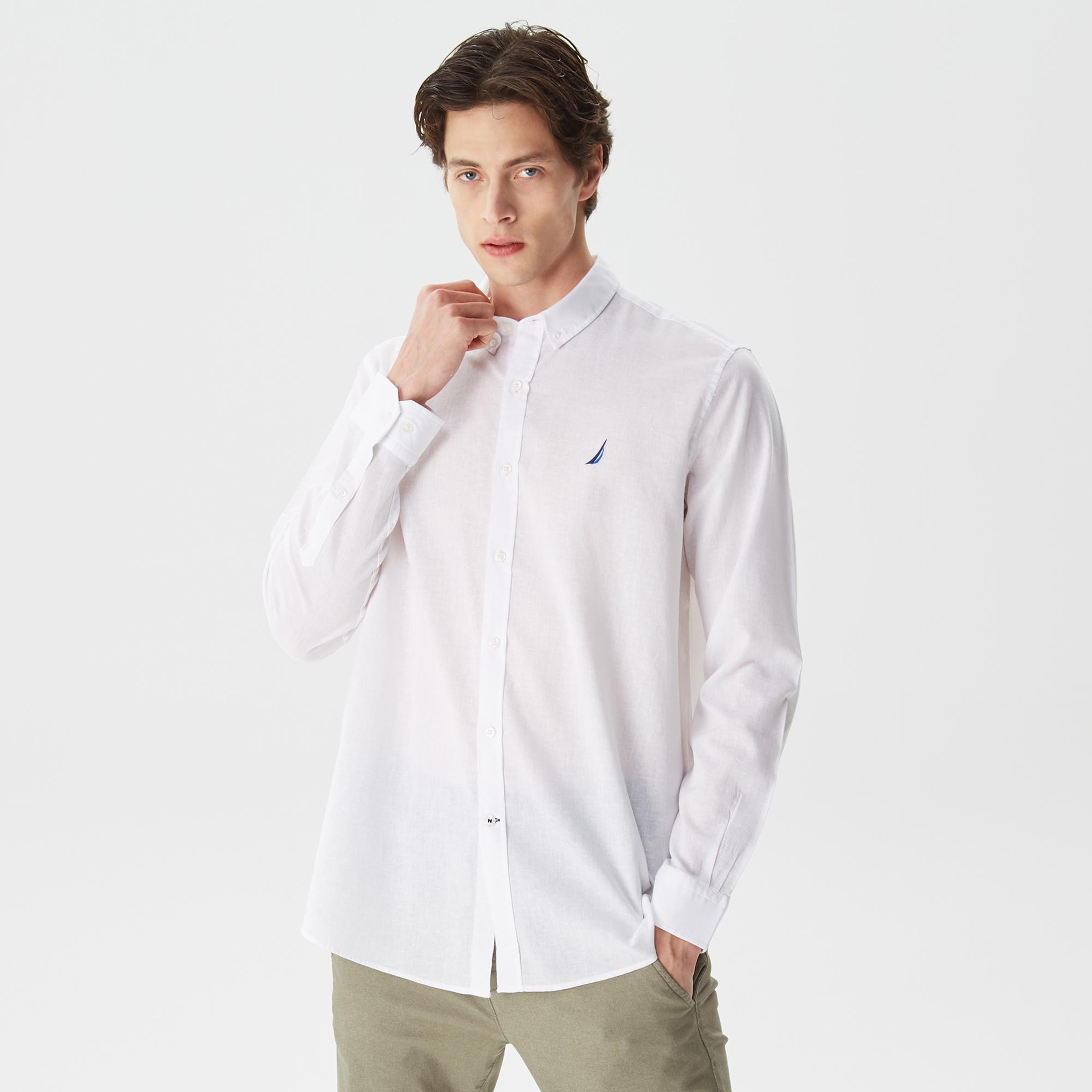 Nautica Erkek Beyaz Classic Fit Uzun Kollu Keten Gömlek