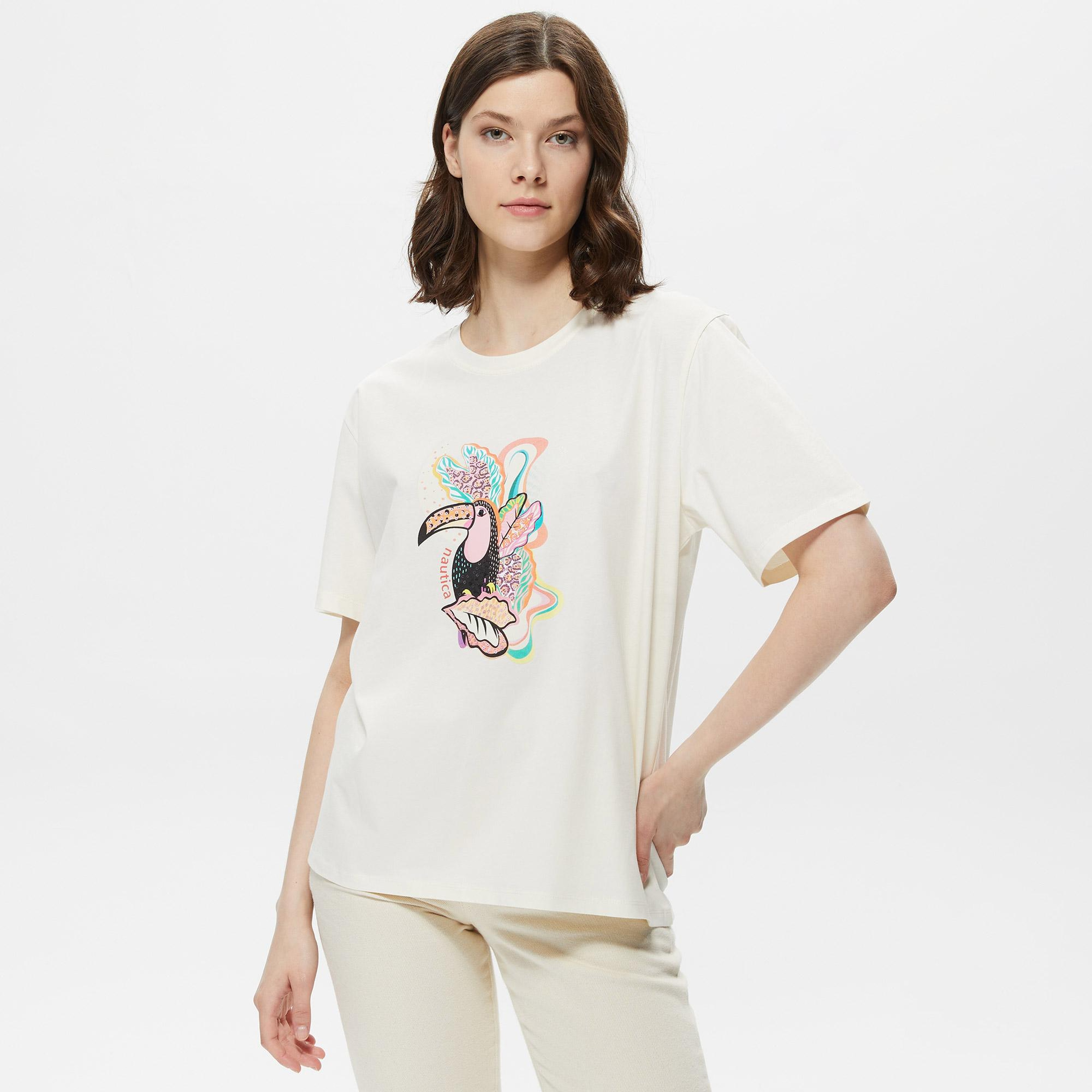 Nautica Kadın Krem Baskılı T-Shirt