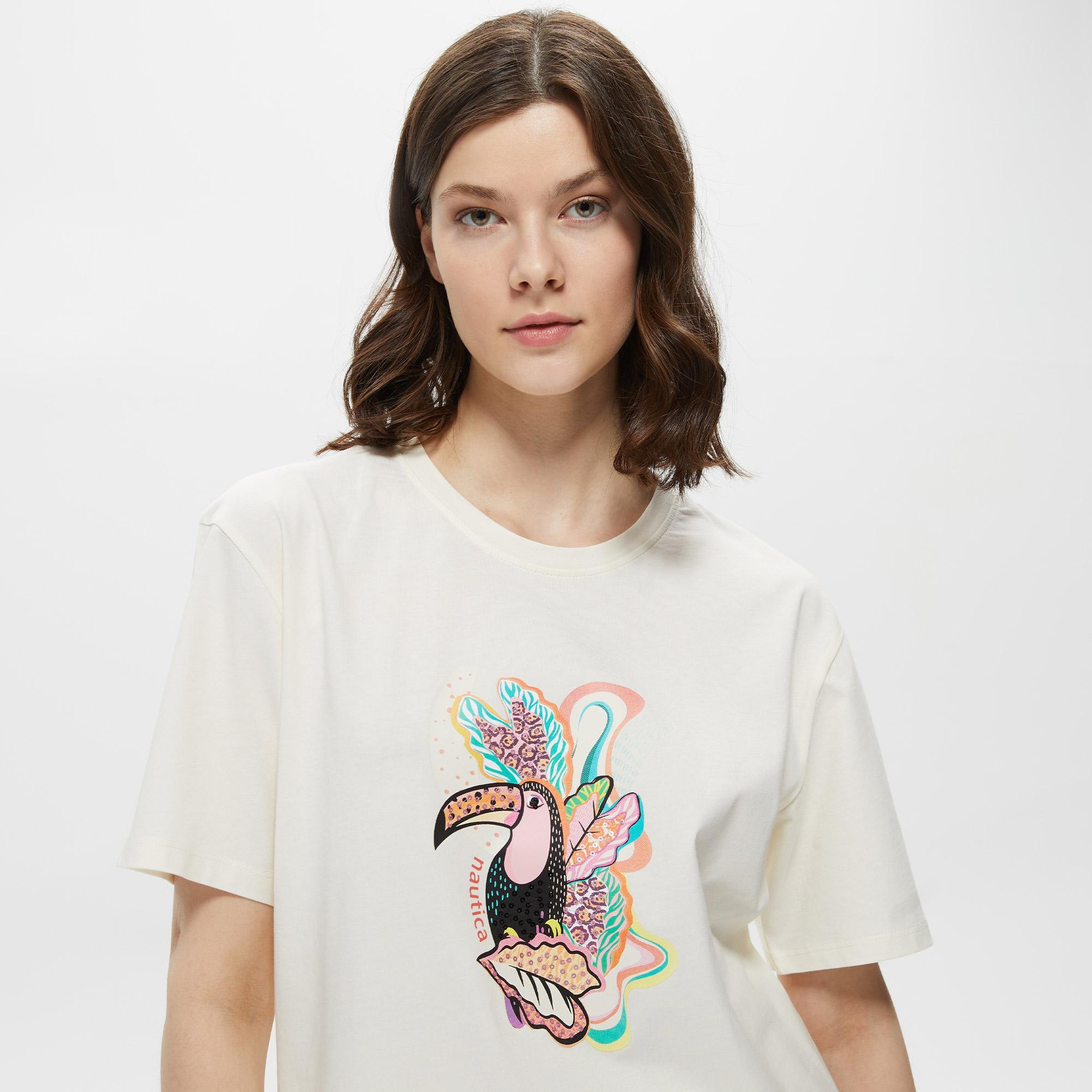Nautica Kadın Krem Baskılı T-Shirt
