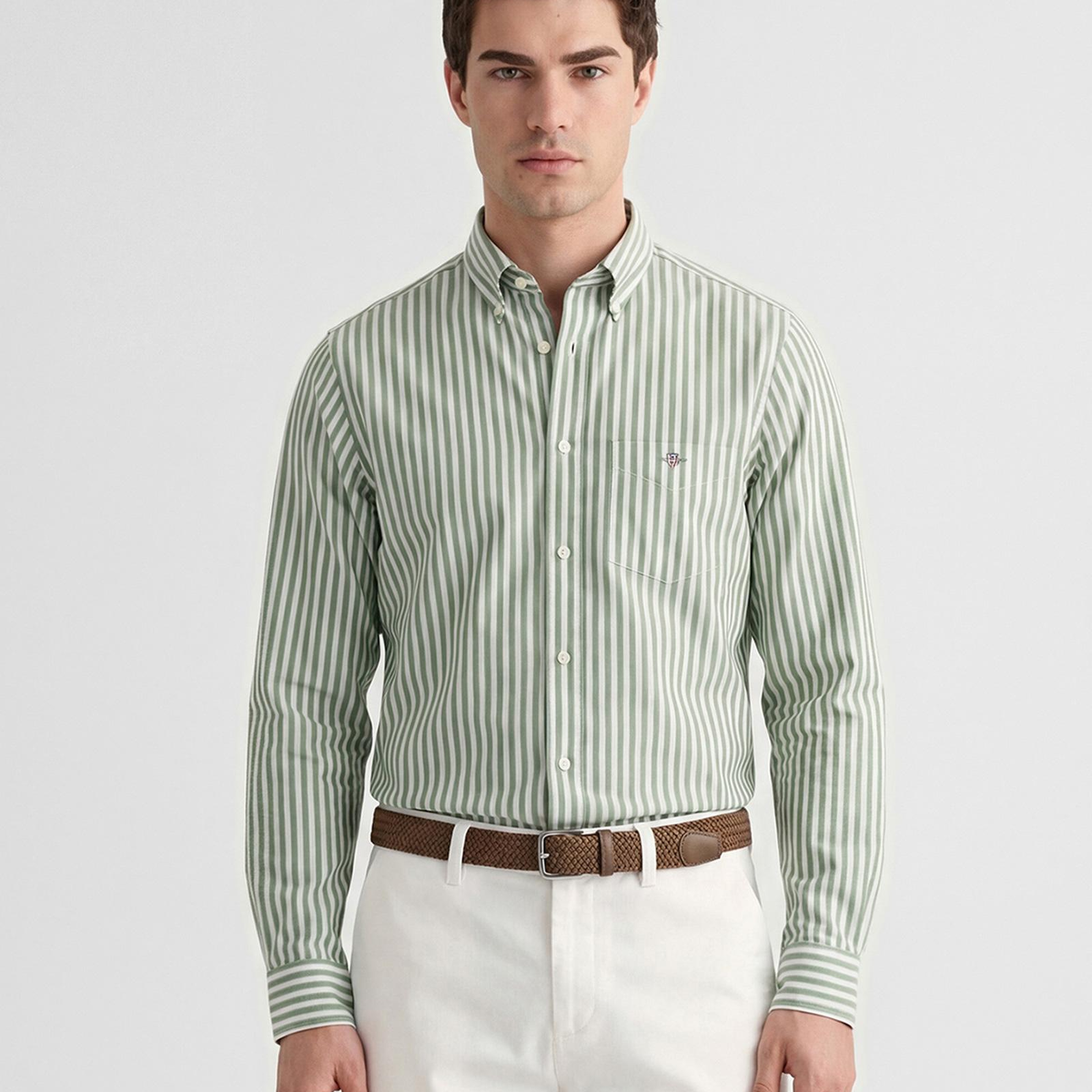 GANT Erkek Yeşil Regular Fit Çizgili Logolu Gömlek