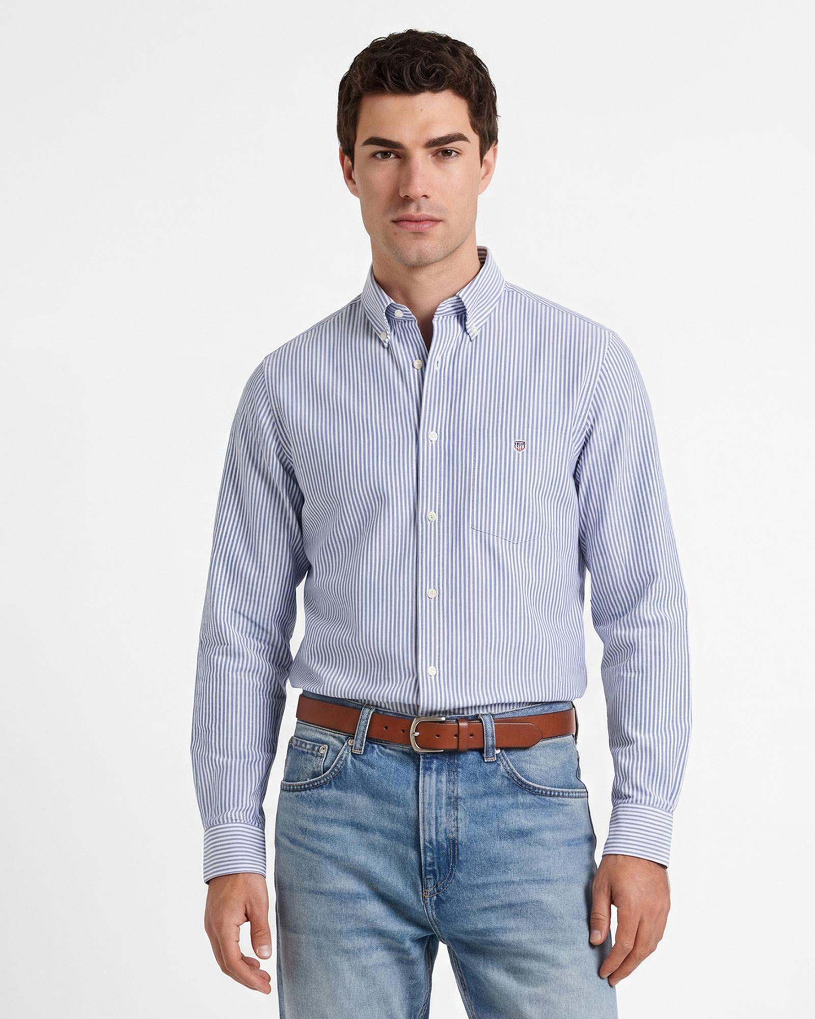 GANT Erkek Mavi Regular Fit Çizgili Logolu Gömlek