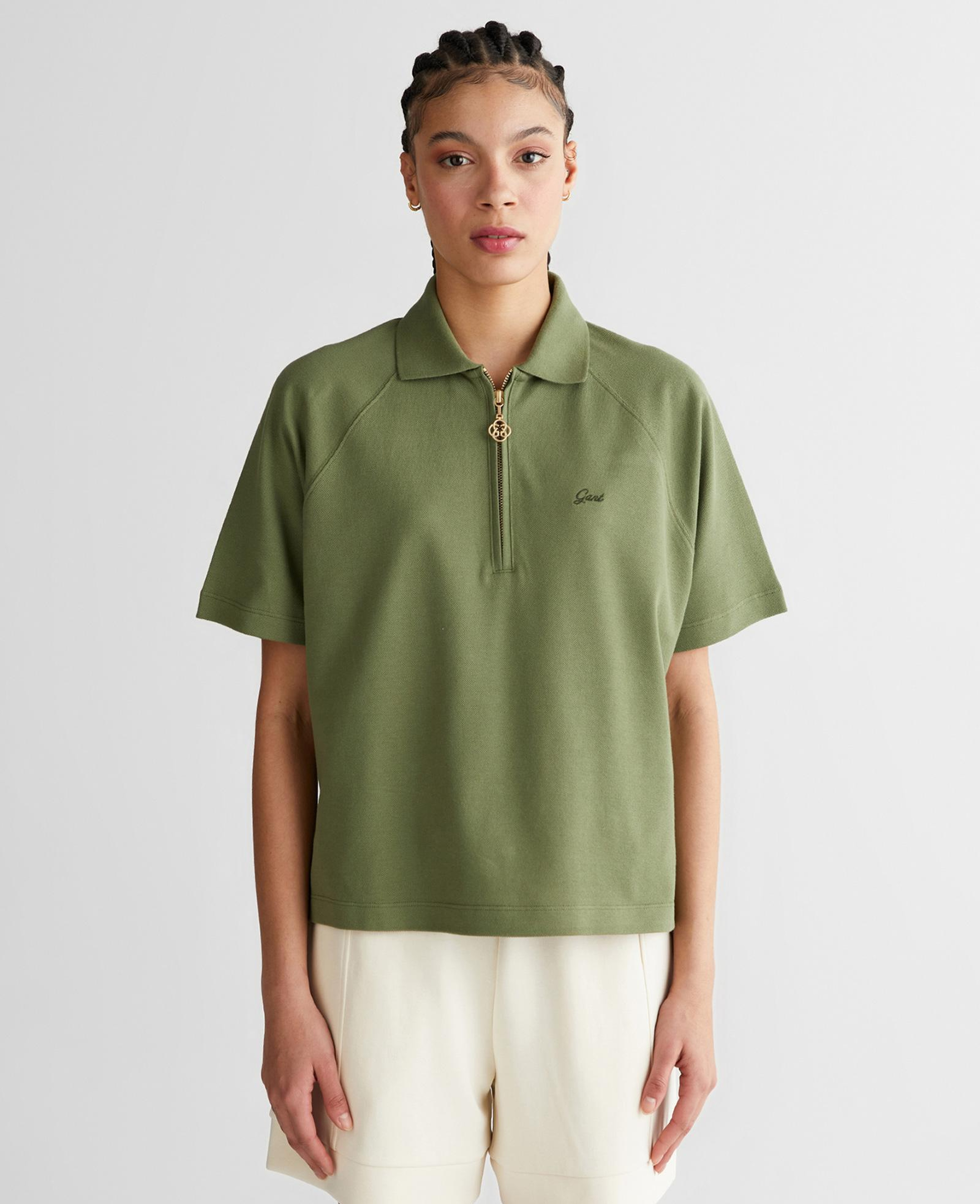 GANT Kadın Yeşil Regular Fit Yarım Fermuarlı Polo Yaka T-Shirt