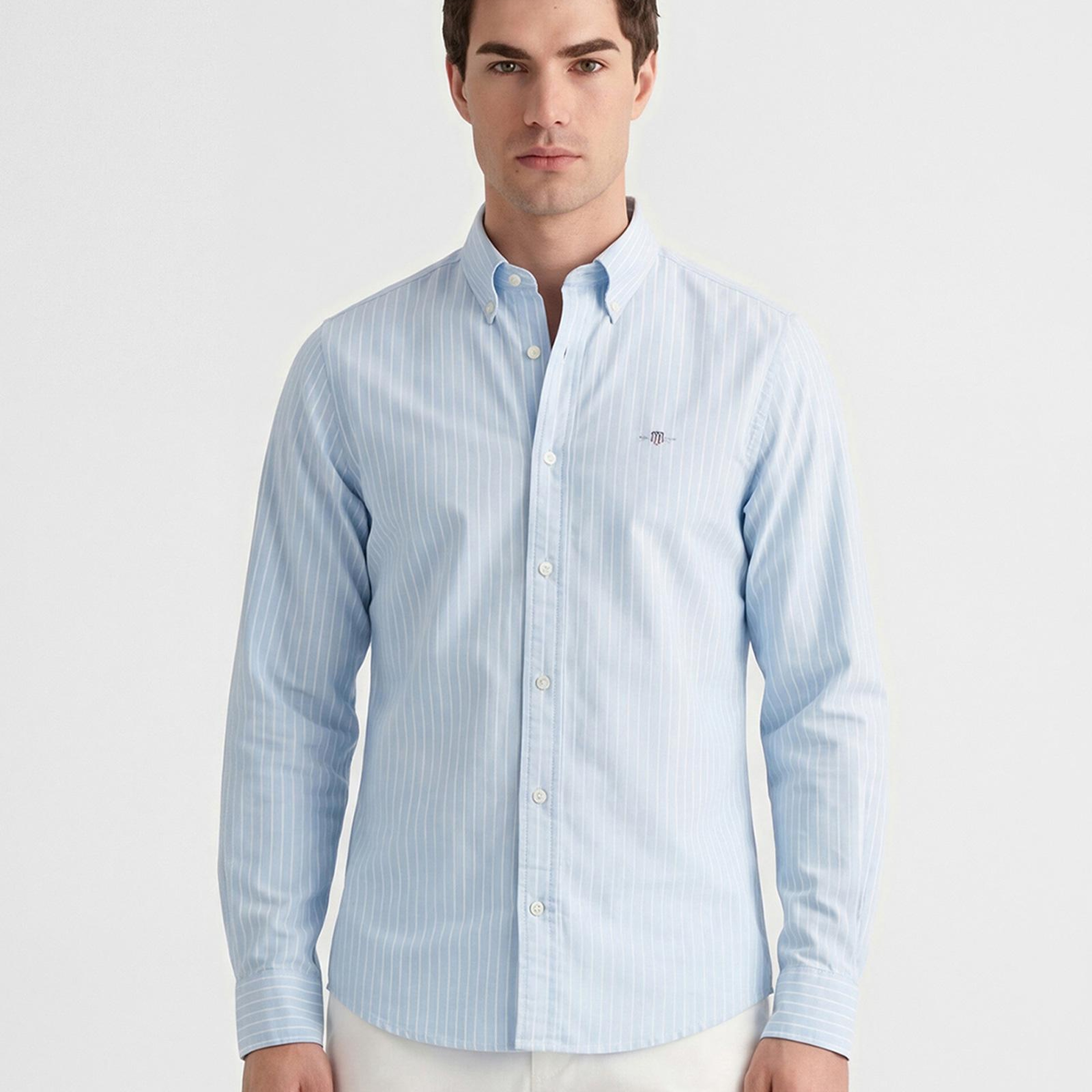 GANT Erkek Mavi Slim Fit Çizgili Logolu Gömlek