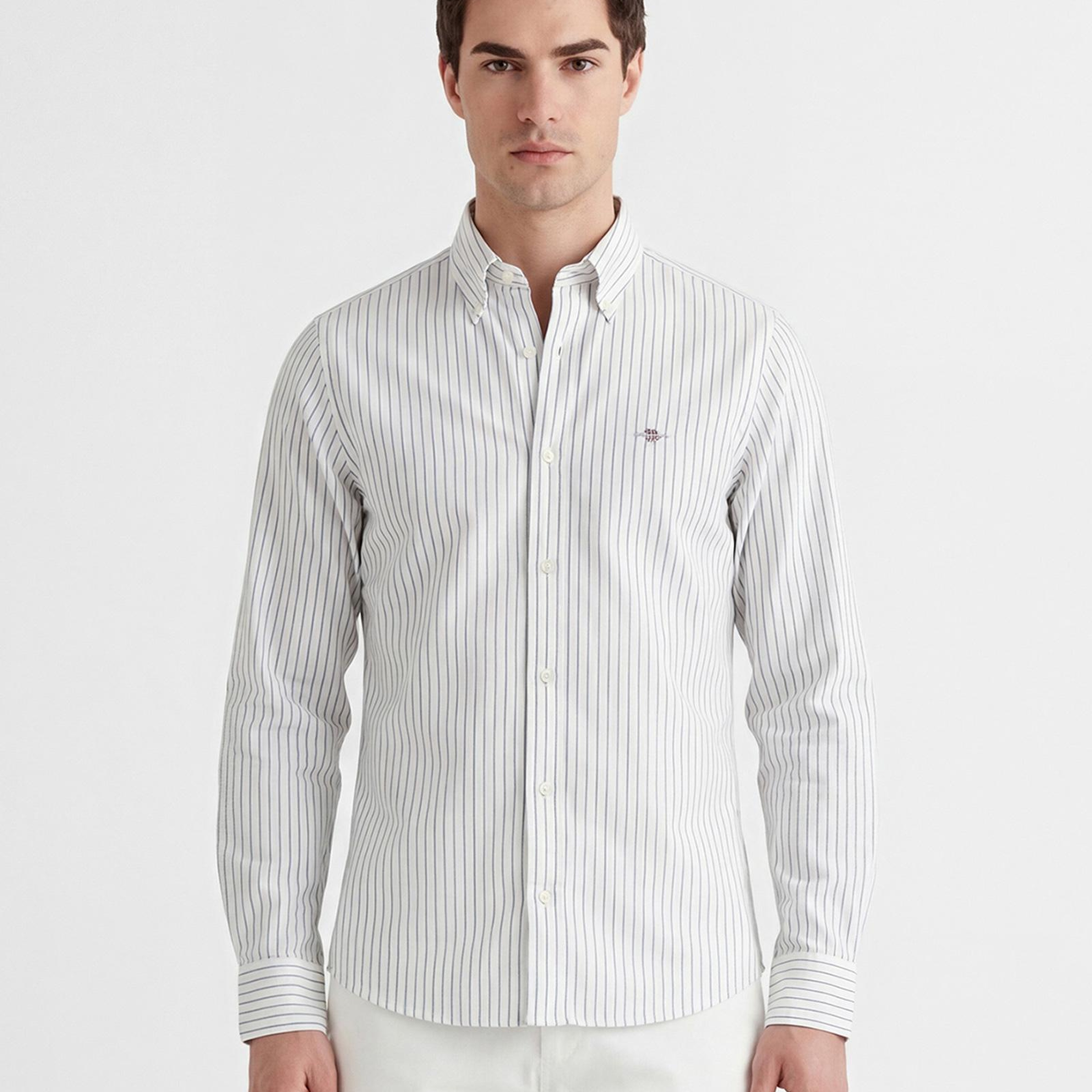 GANT Erkek Beyaz Slim Fit Çizgili Logolu Gömlek