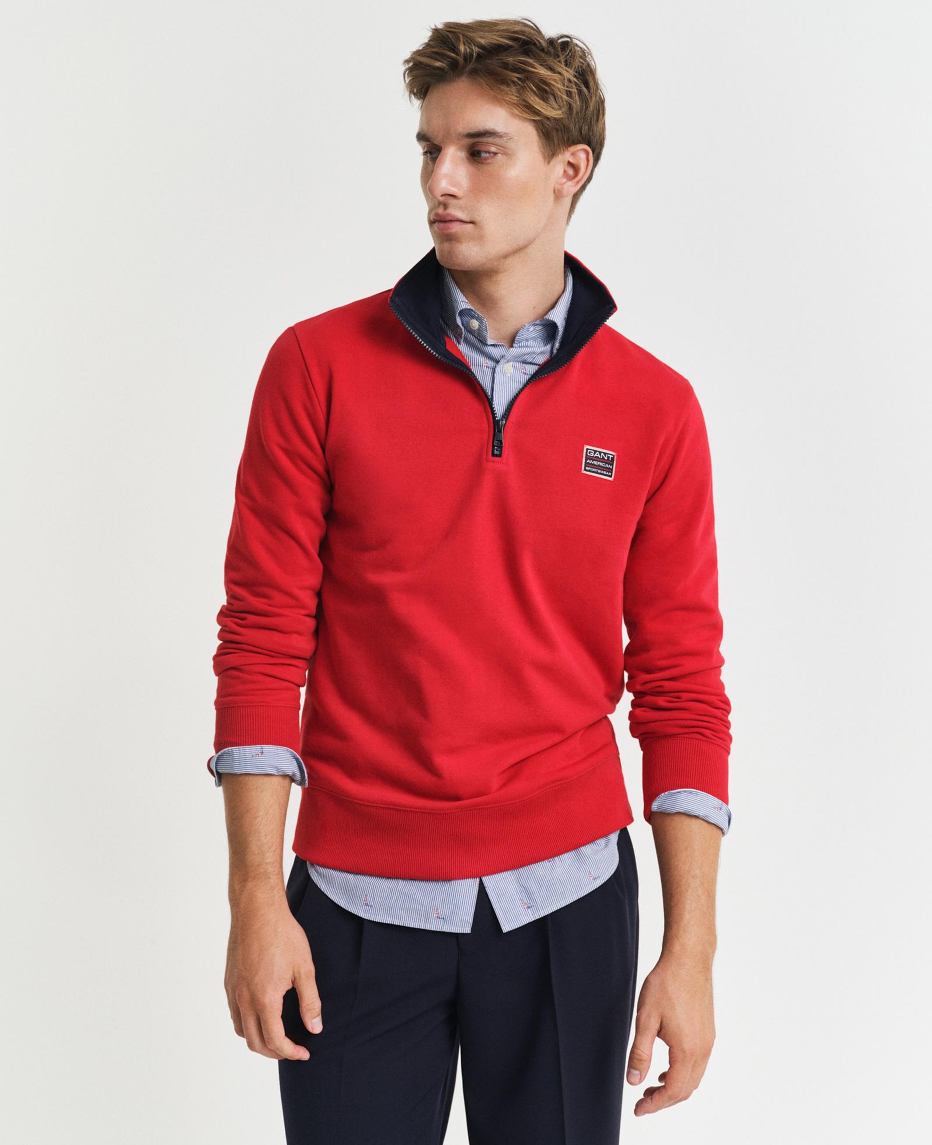 GANT Erkek Kırmızı Regular Fit Yarım Fermuarlı Logolu Sweatshirt