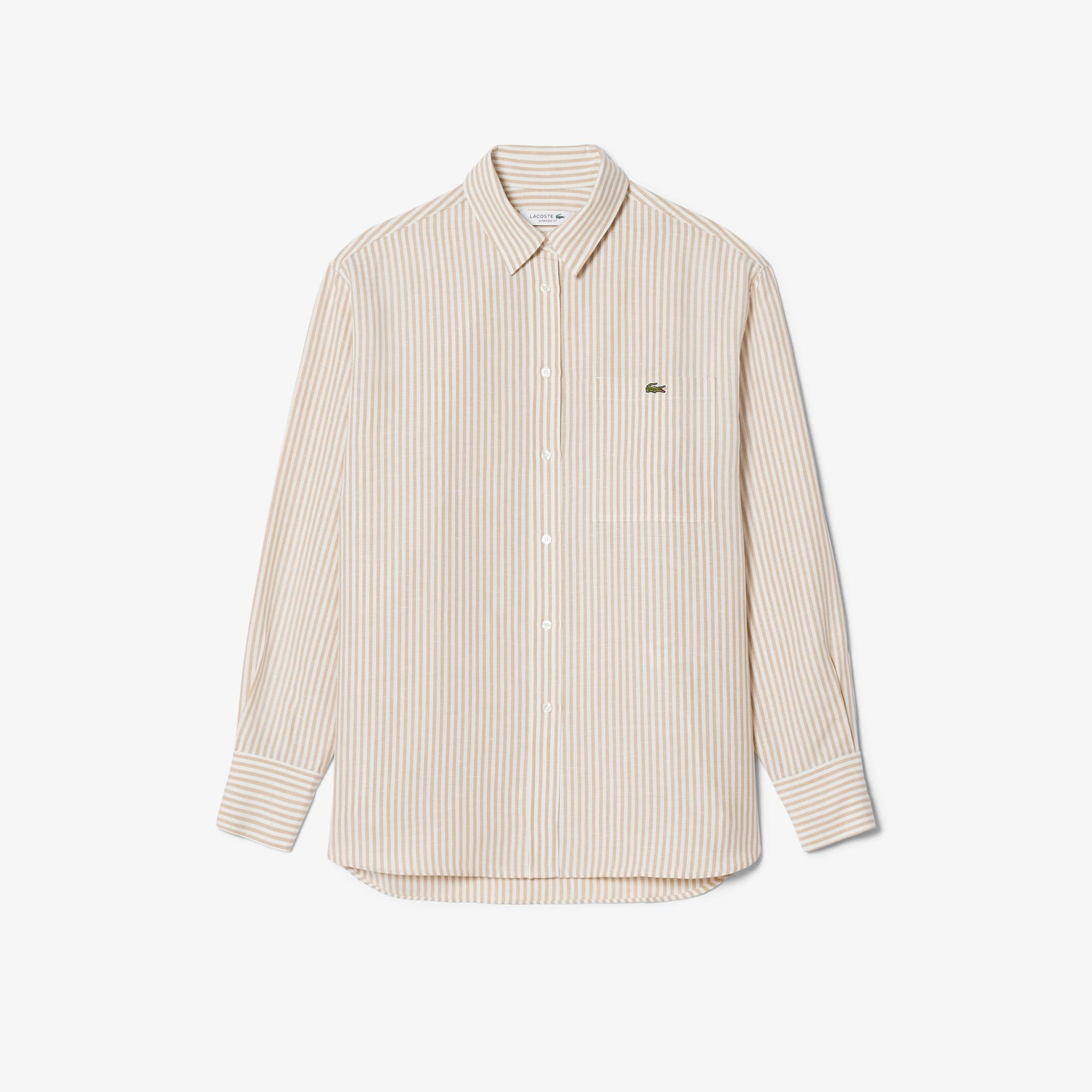Kadın Oversize Fit Çizgili Keten Krem Gömlek