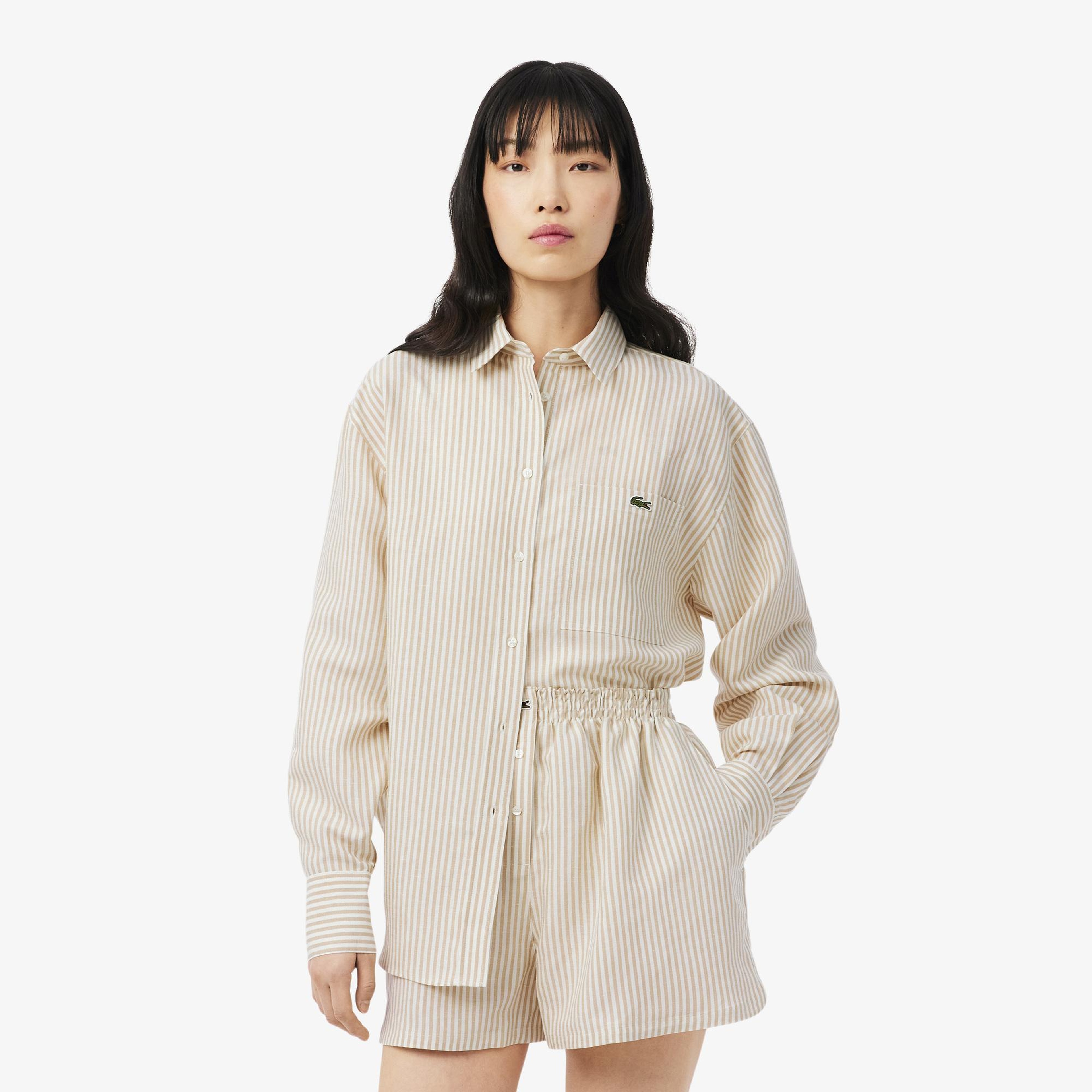 Kadın Oversize Fit Çizgili Keten Krem Gömlek