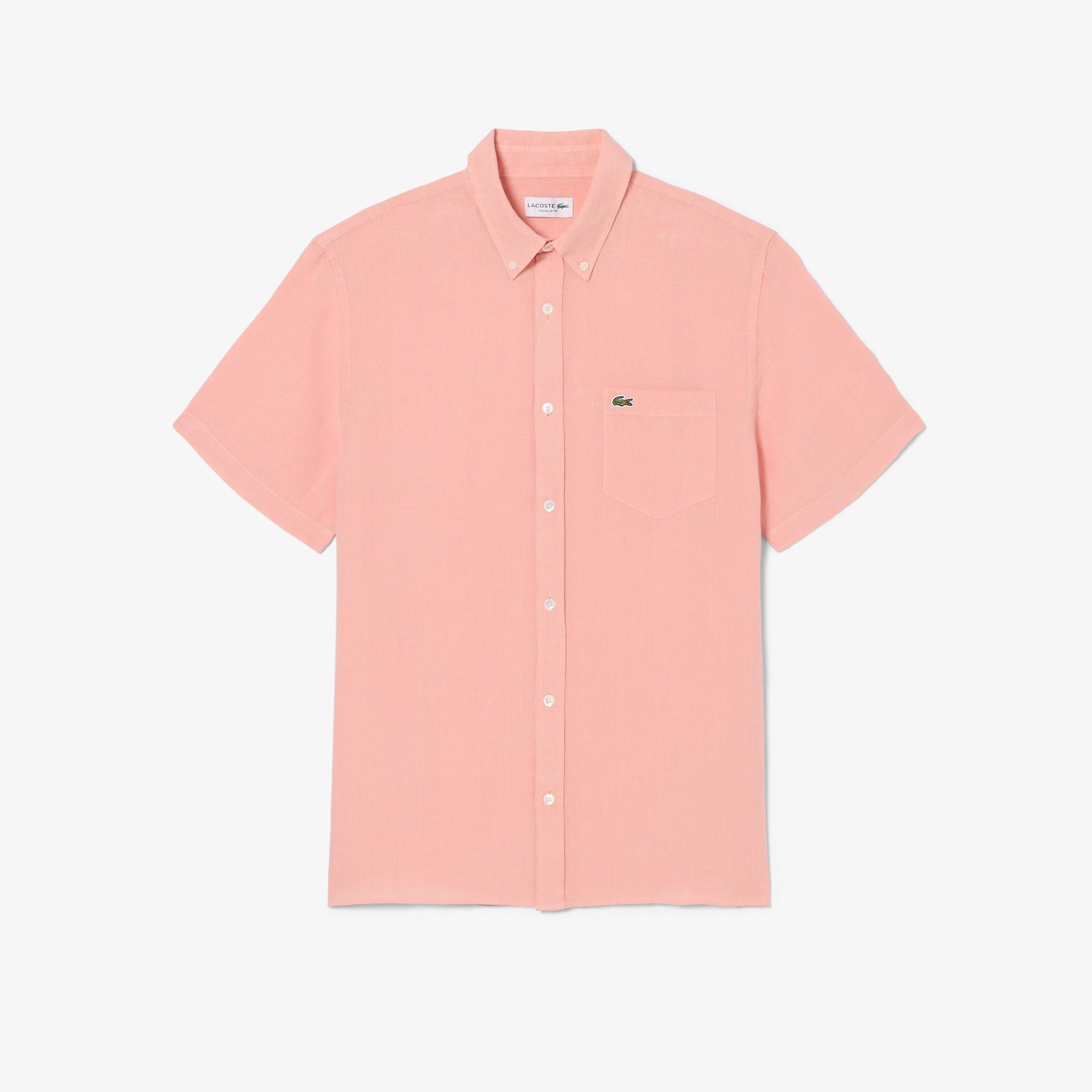 Erkek Regular Fit Kısa Kollu Düğmeli Yaka Keten Pembe Gömlek