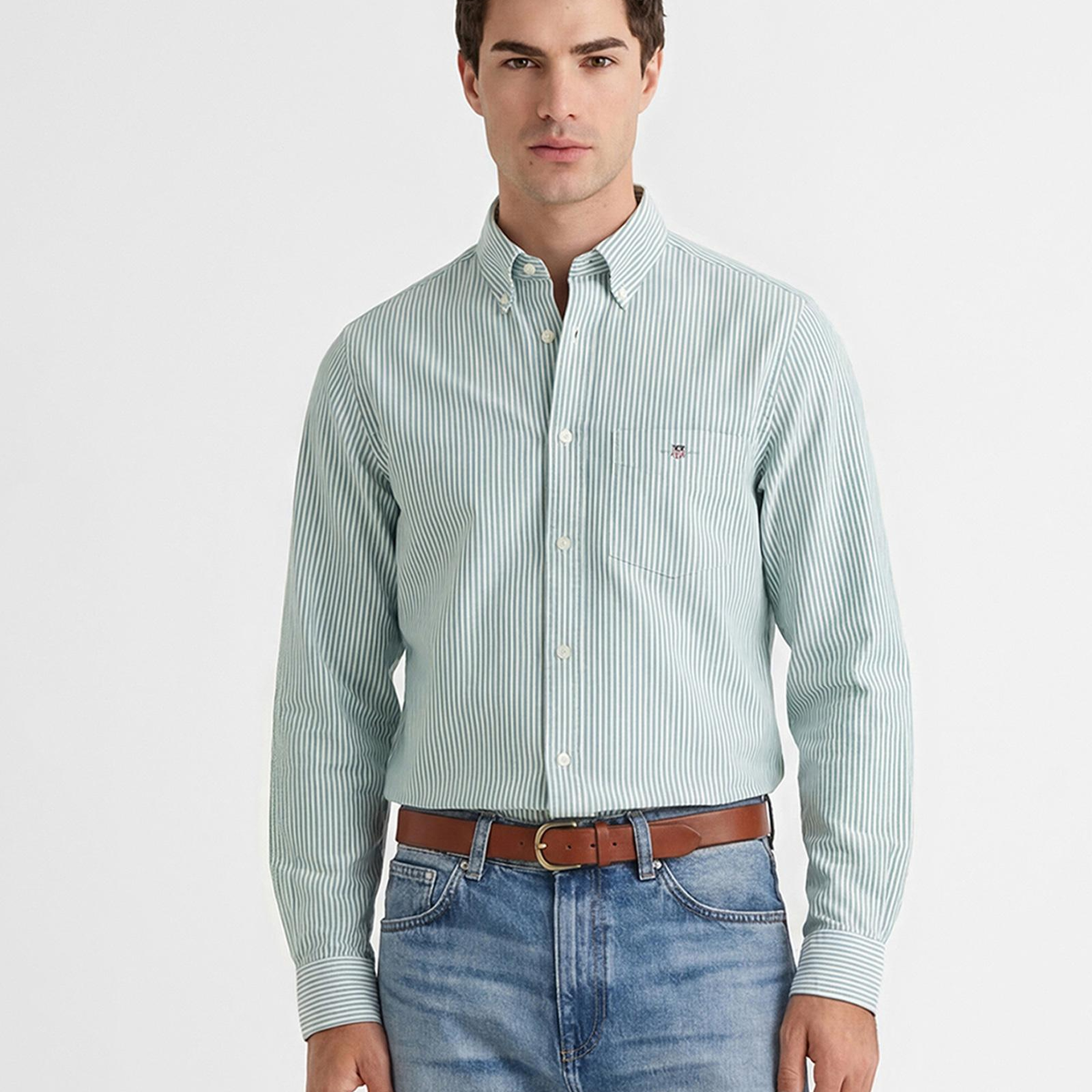 GANT Erkek Yeşil Regular Fit Çizgili Logolu Gömlek