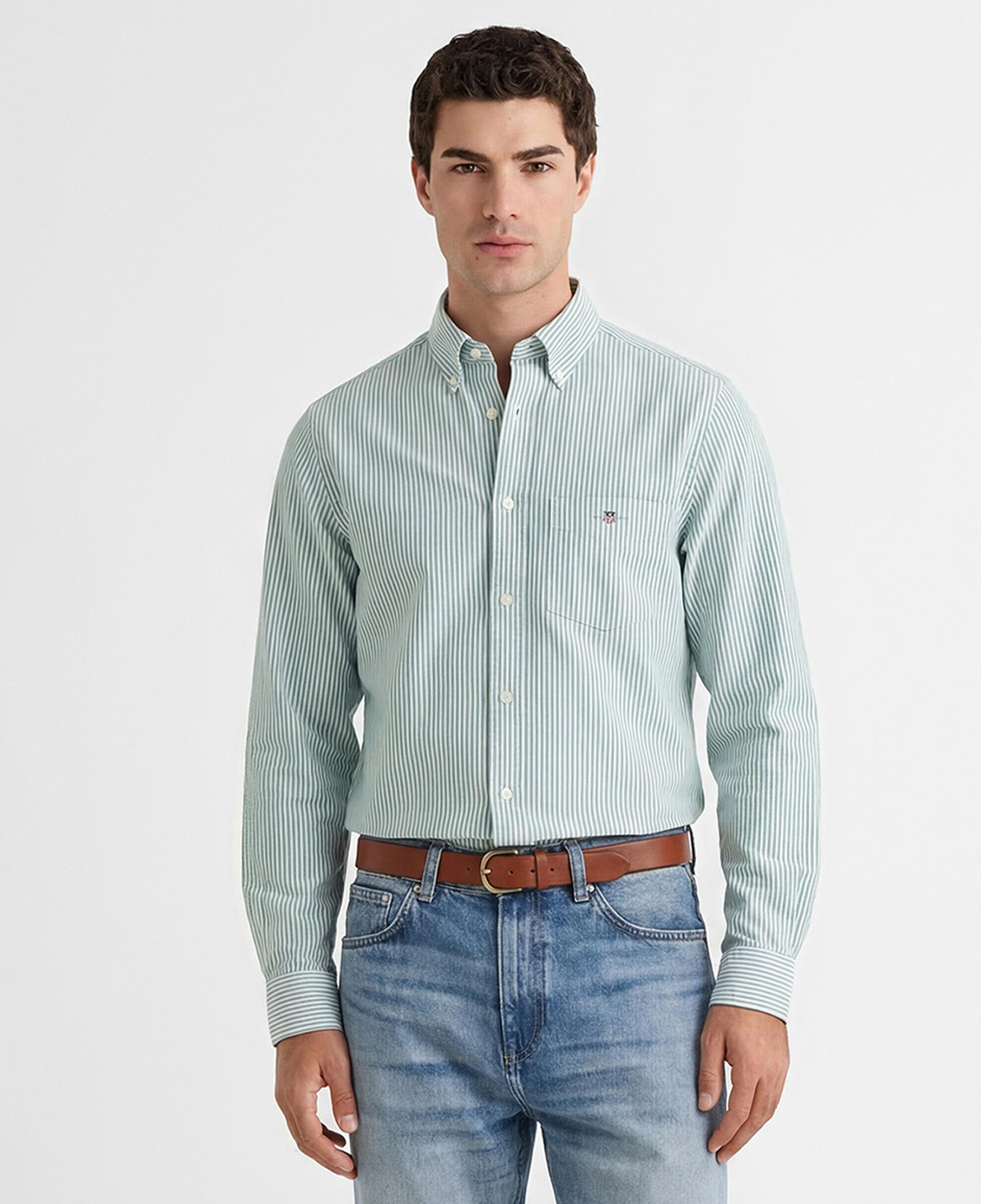 GANT Erkek Yeşil Regular Fit Çizgili Logolu Gömlek