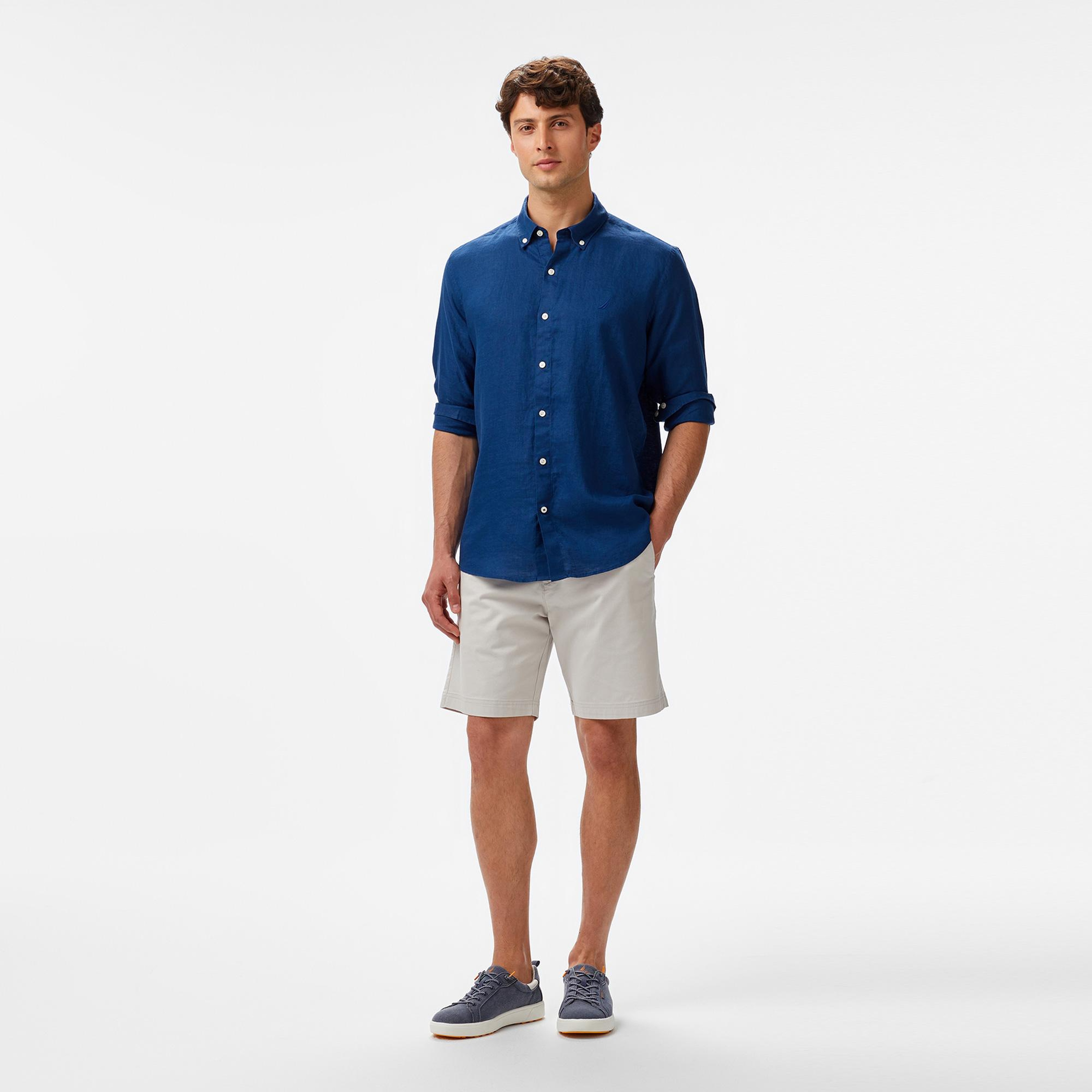 Nautica Erkek Mavi Classic Fit Keten Gömlek