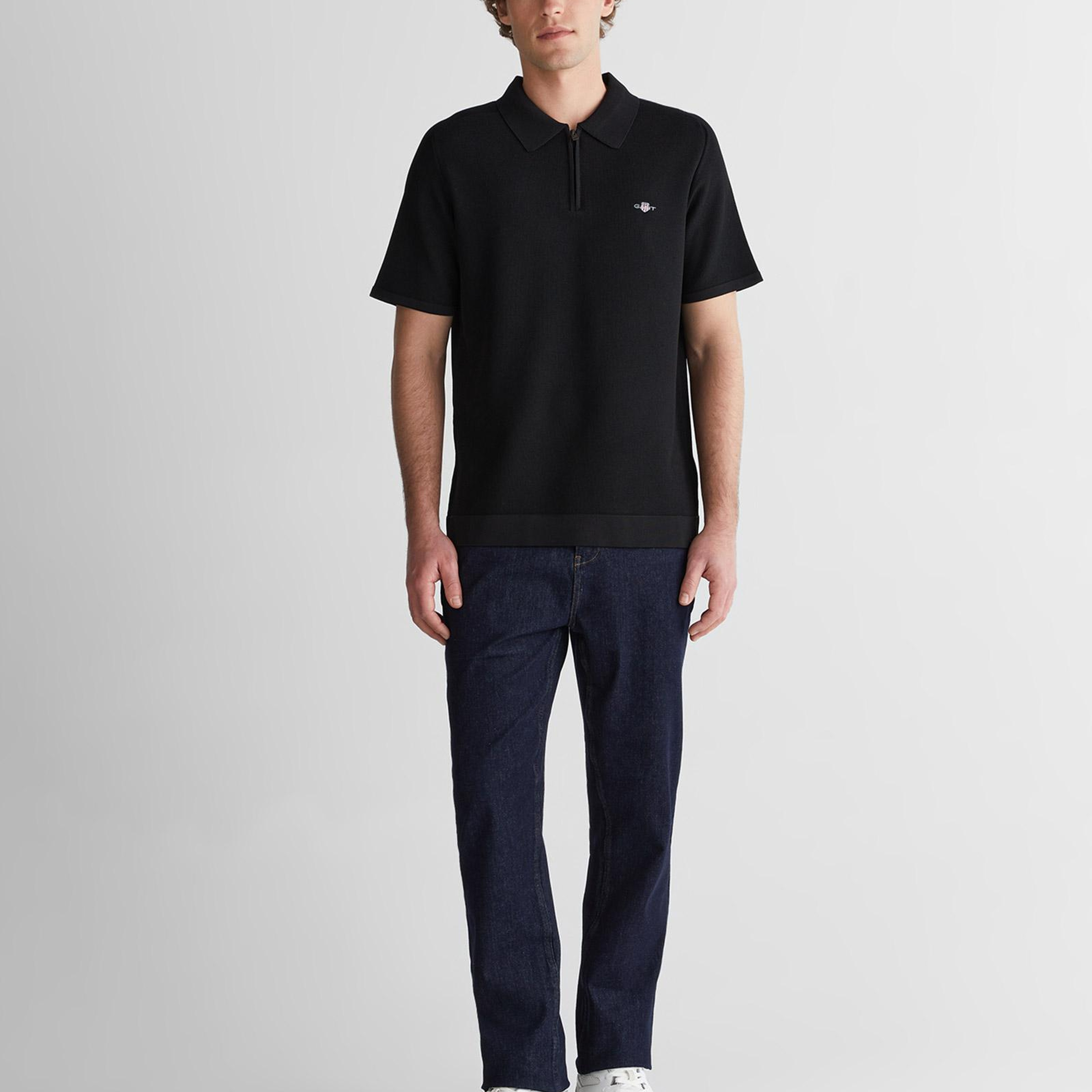 GANT Erkek Siyah Regular Fit Yarım Fermuarlı Kısa Kollu T-Shirt