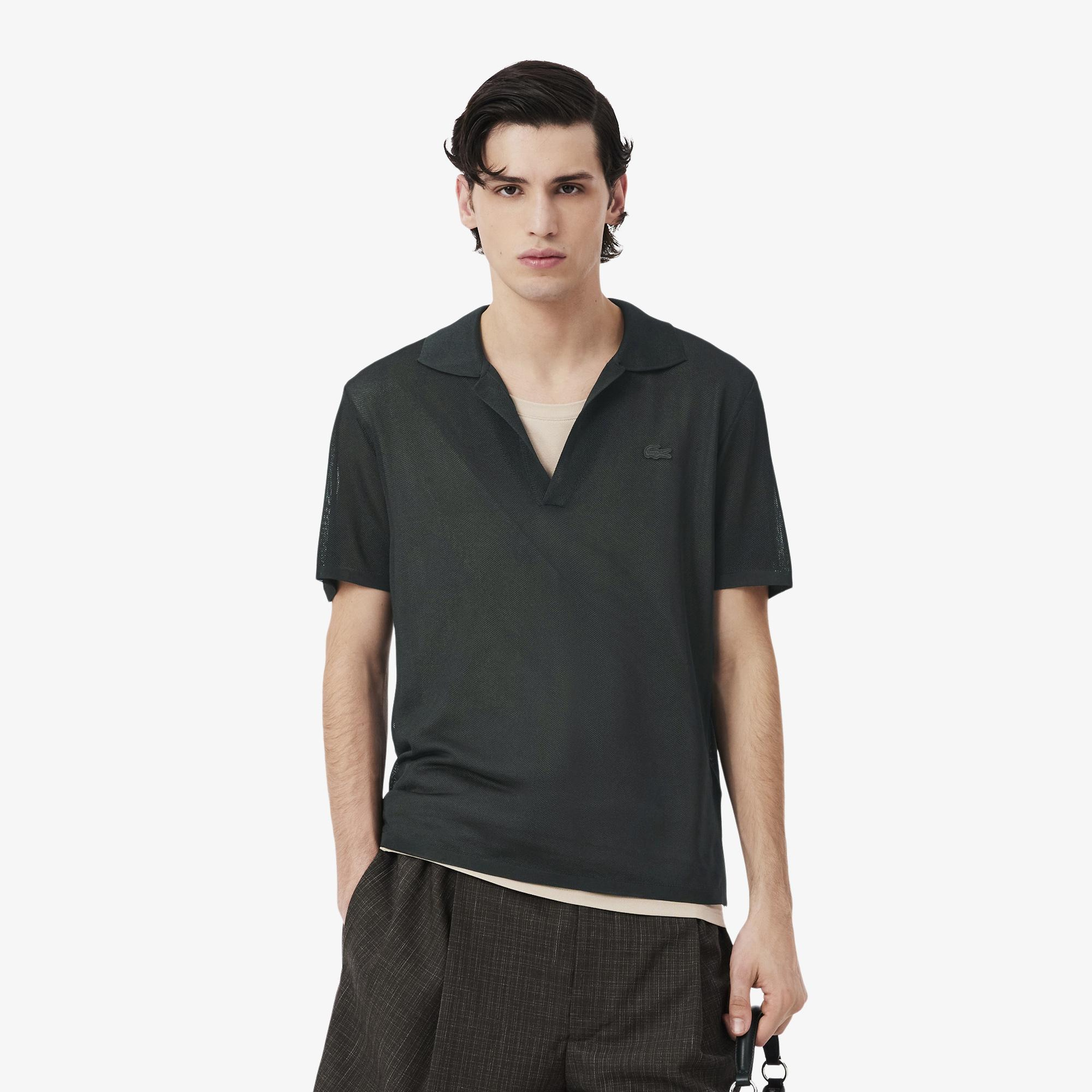 SS26 RUNWAY Erkek Slim Fit Kısa Kollu Polo Yaka Saten Koyu Yeşil Triko