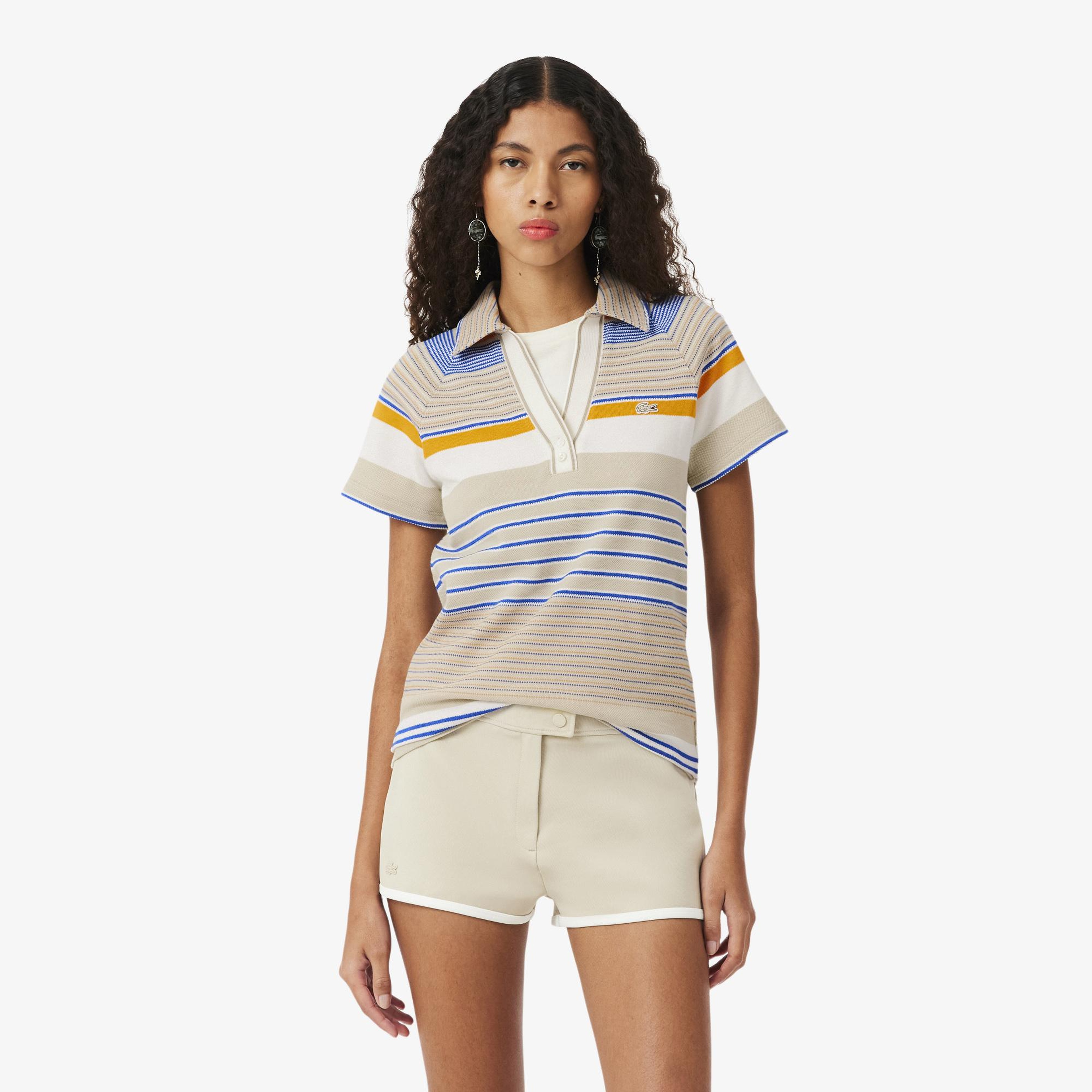 SS26 RUNWAY Kadın Slim Fit Çizgili Bej Polo