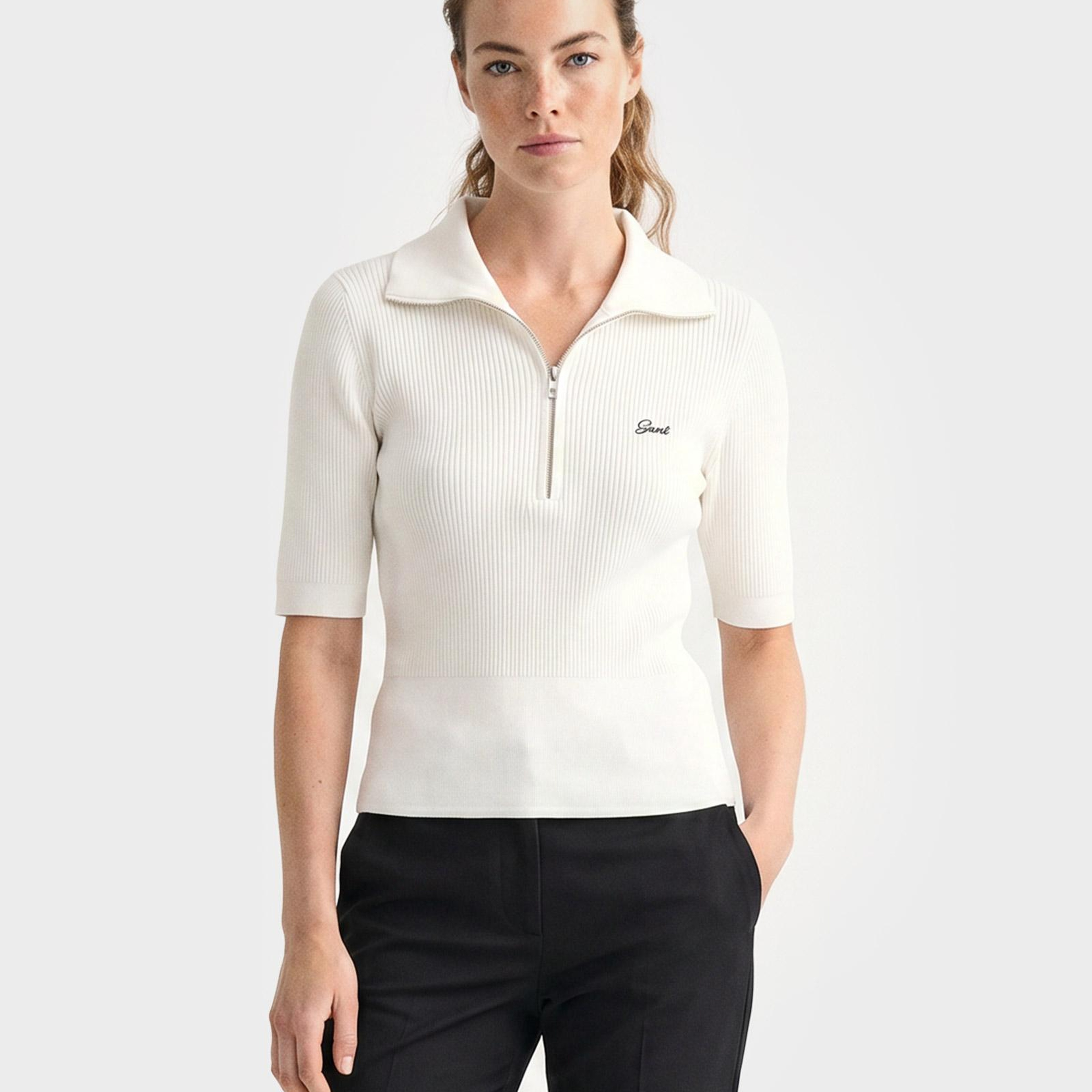 GANT Kadın Beyaz Slim Fit Yarım Kollu Triko