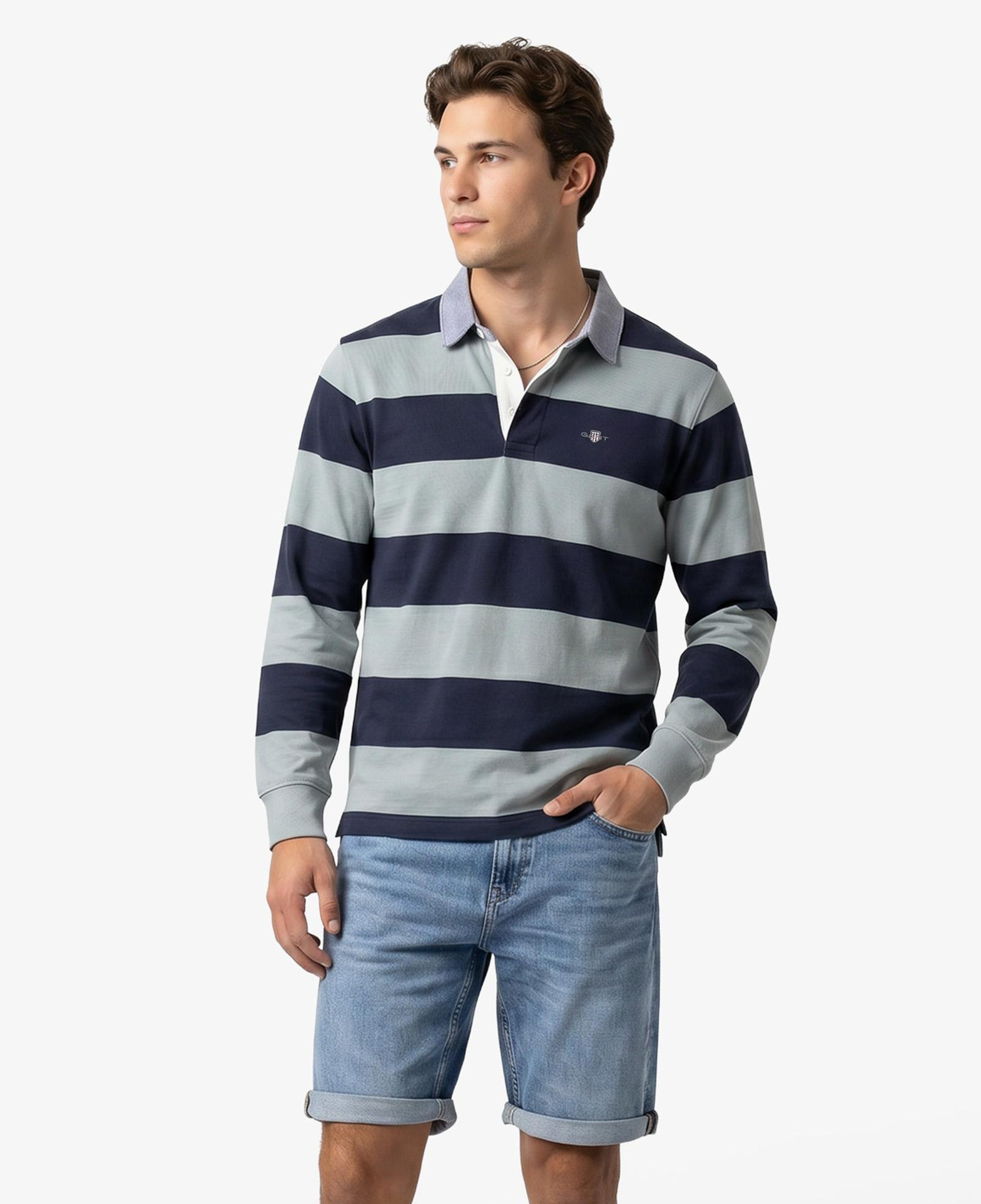 GANT Erkek Yeşil Regular Fit Çizgili Logolu Polo Yaka Rugby T-Shirt