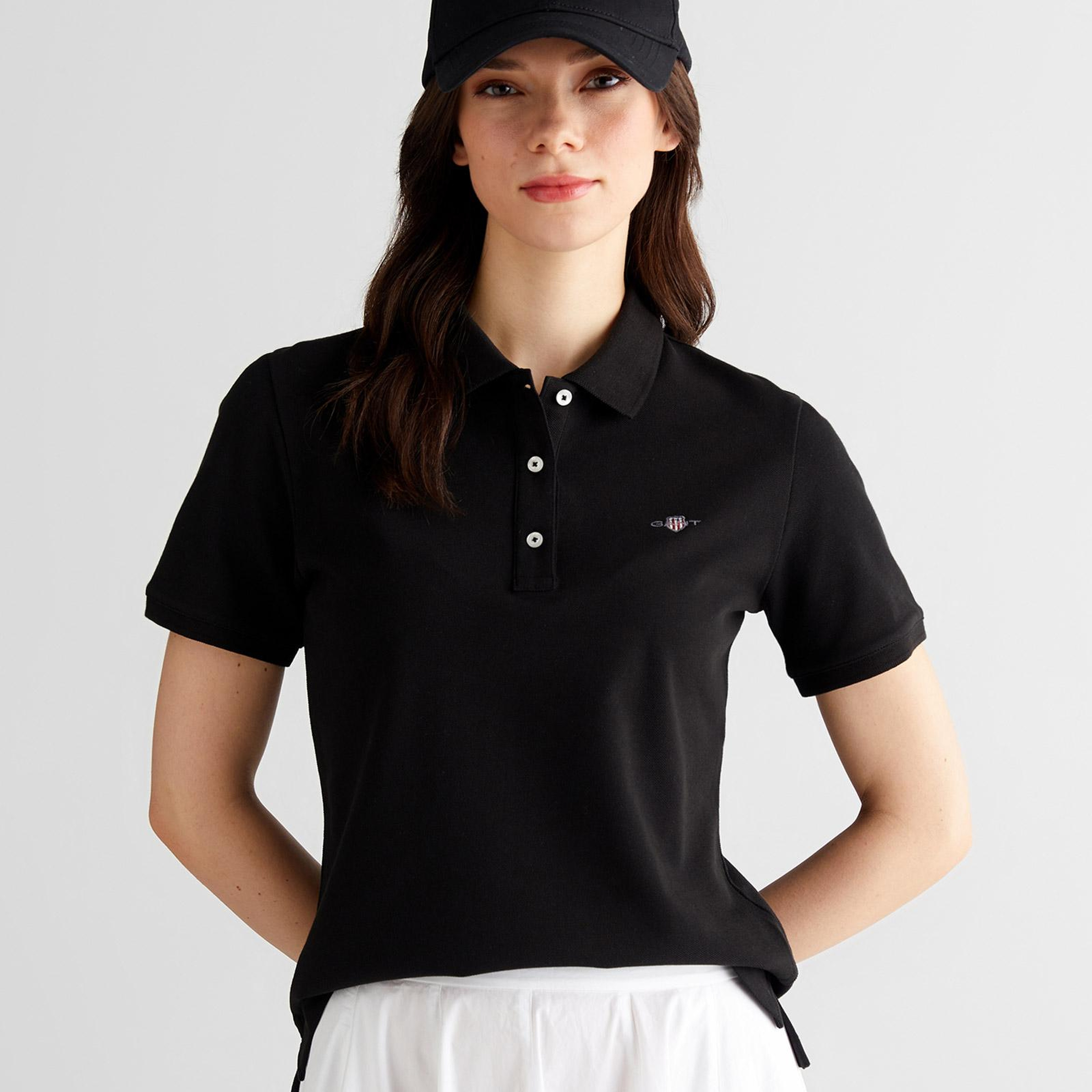 GANT Kadın Siyah Regular Fit Logolu Polo Yaka T-Shirt