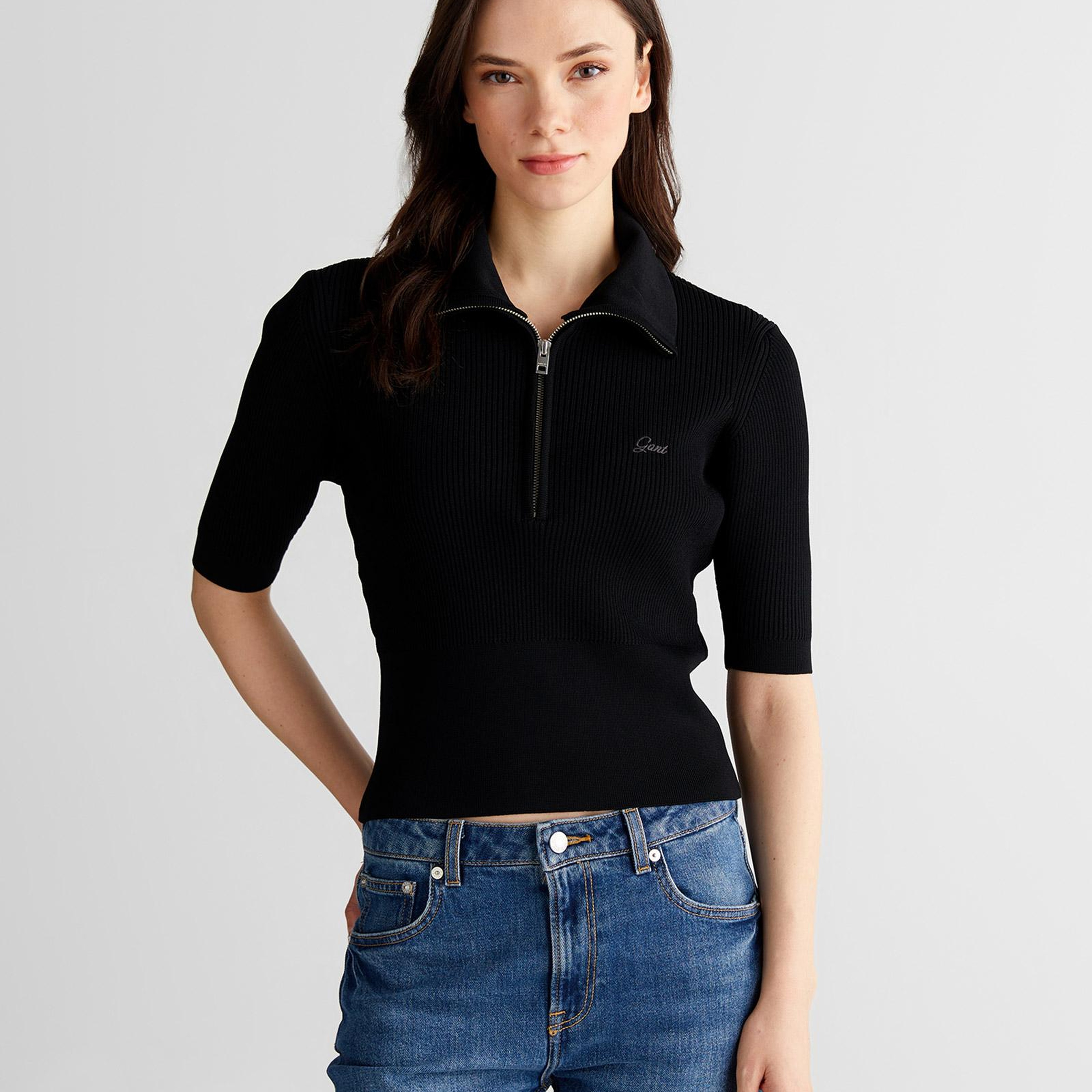GANT Kadın Siyah Slim Fit Yarım Kollu Triko