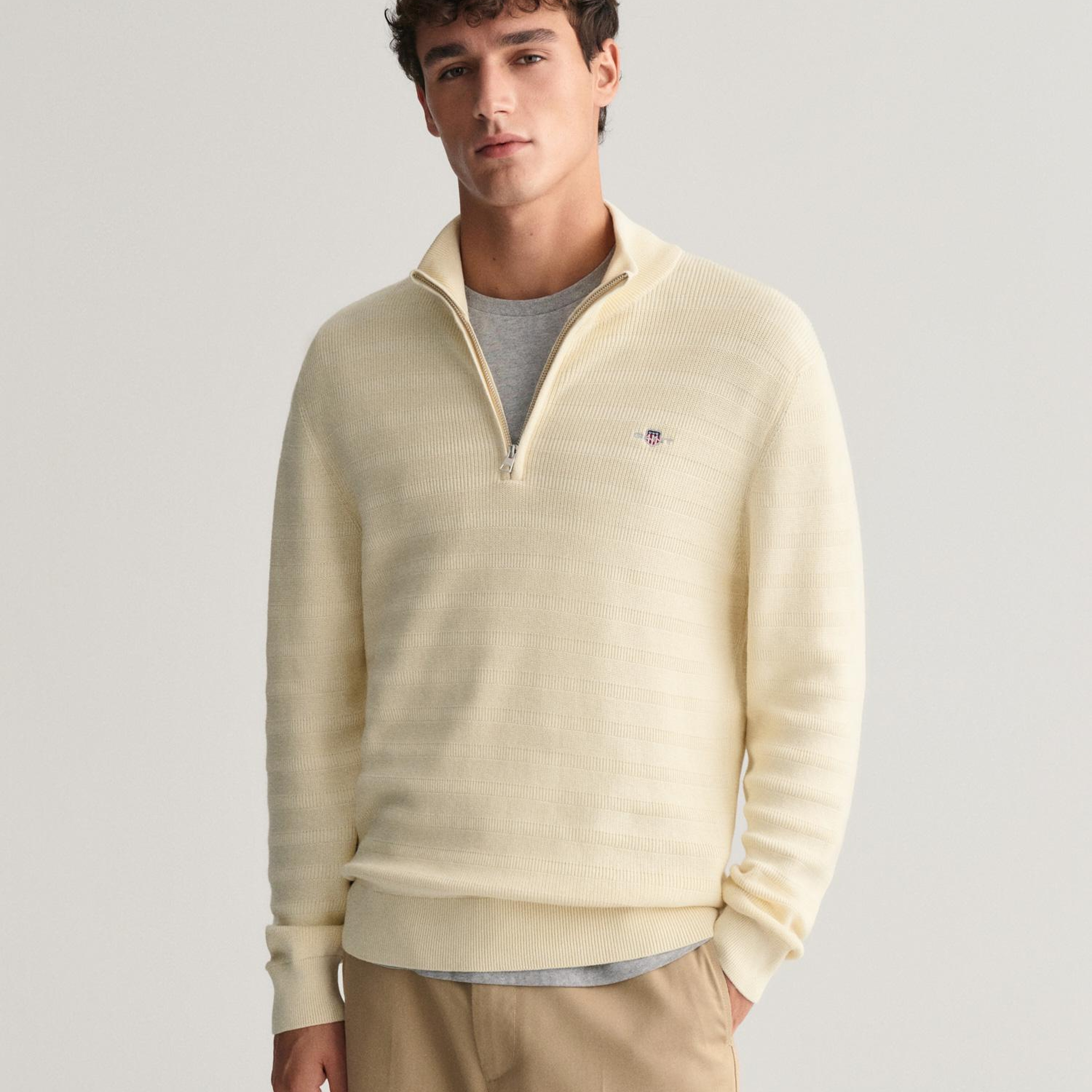 GANT Erkek Krem Regular Fit Yarım Fermuarlı Logolu Kazak