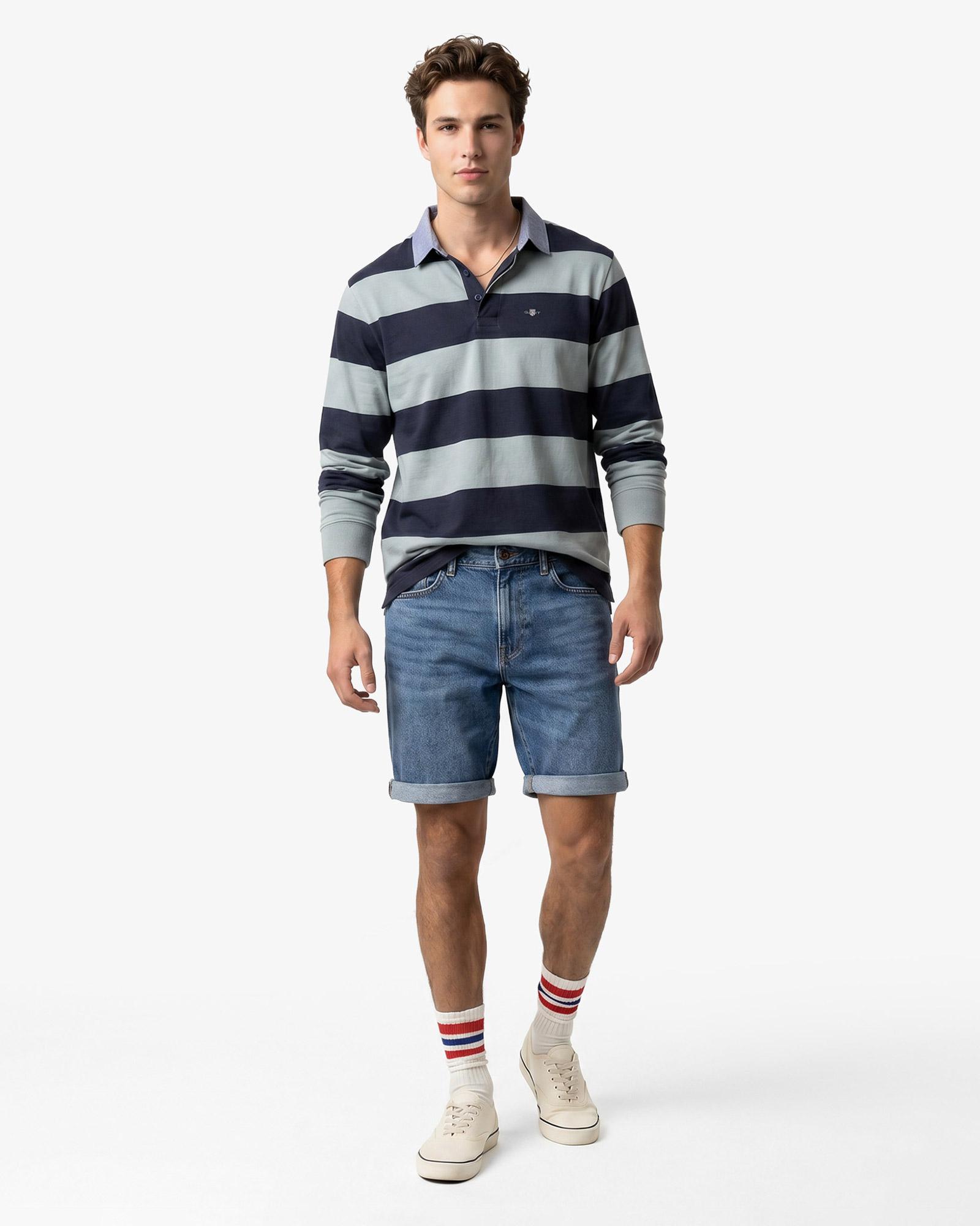 GANT Erkek Yeşil Regular Fit Çizgili Logolu Polo Yaka Rugby T-Shirt