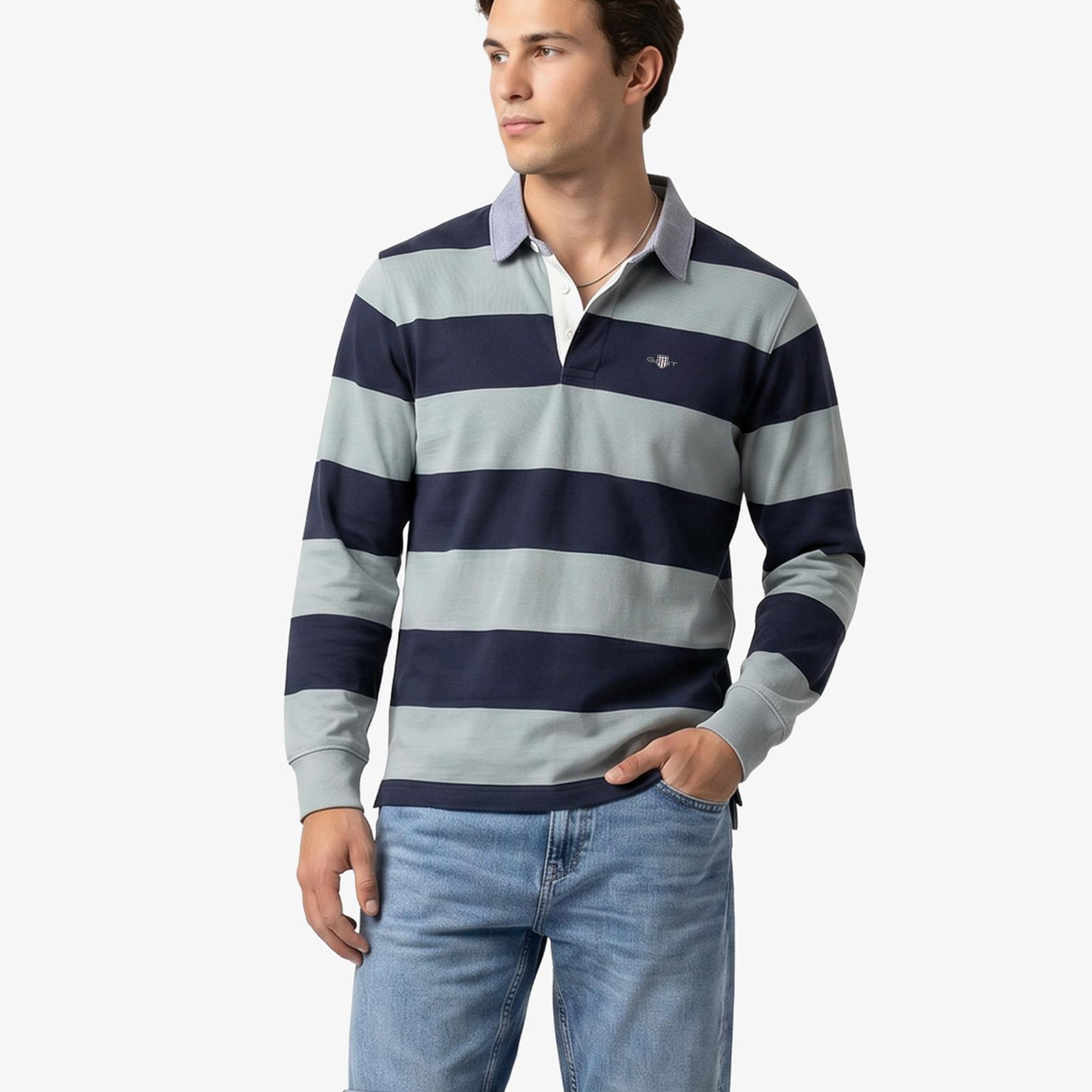 GANT Erkek Yeşil Regular Fit Çizgili Logolu Polo Yaka Rugby T-Shirt