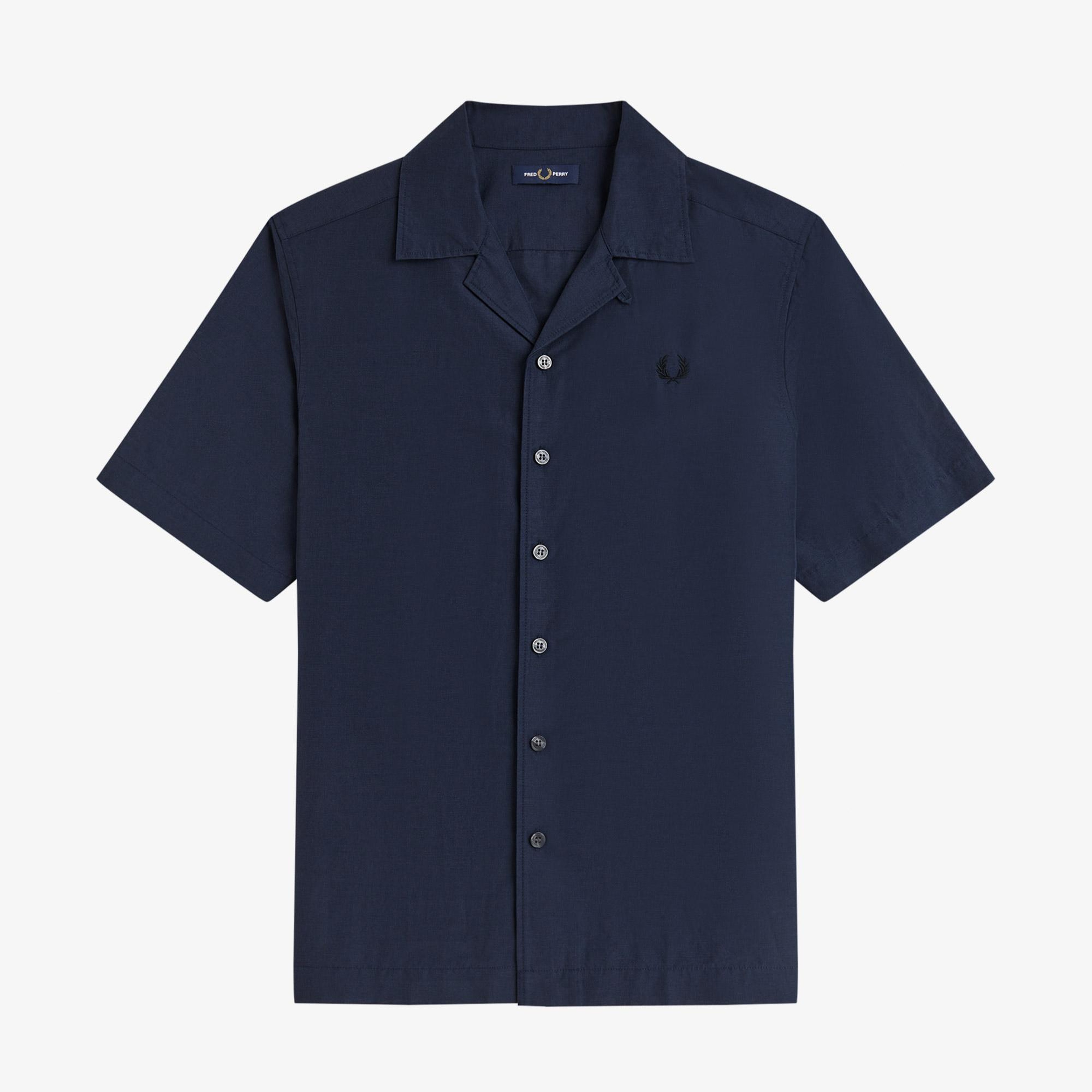 Fred Perry Keten Karışımlı Revere Collar Erkek Koyu Mavi Gömlek