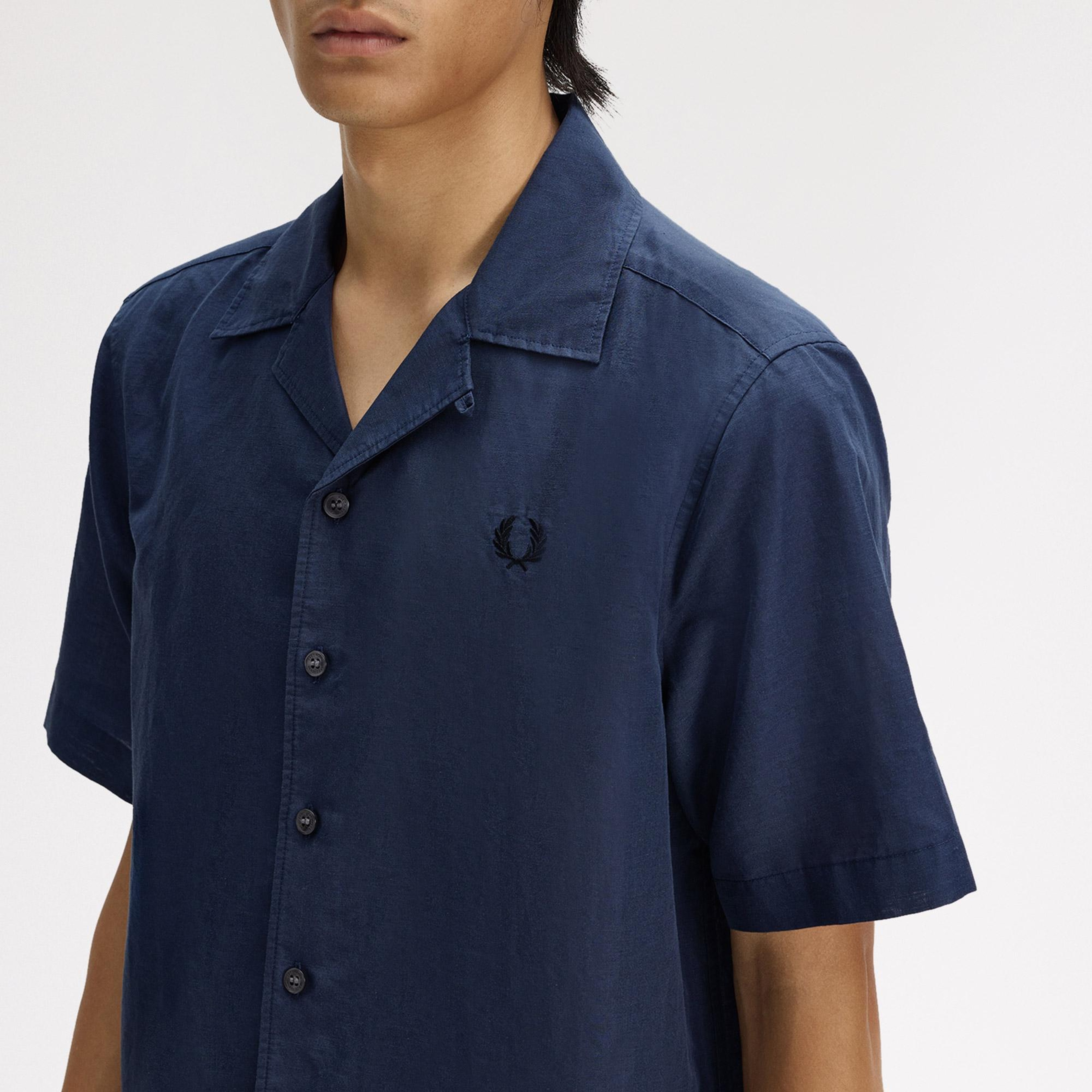 Fred Perry Keten Karışımlı Revere Collar Erkek Koyu Mavi Gömlek
