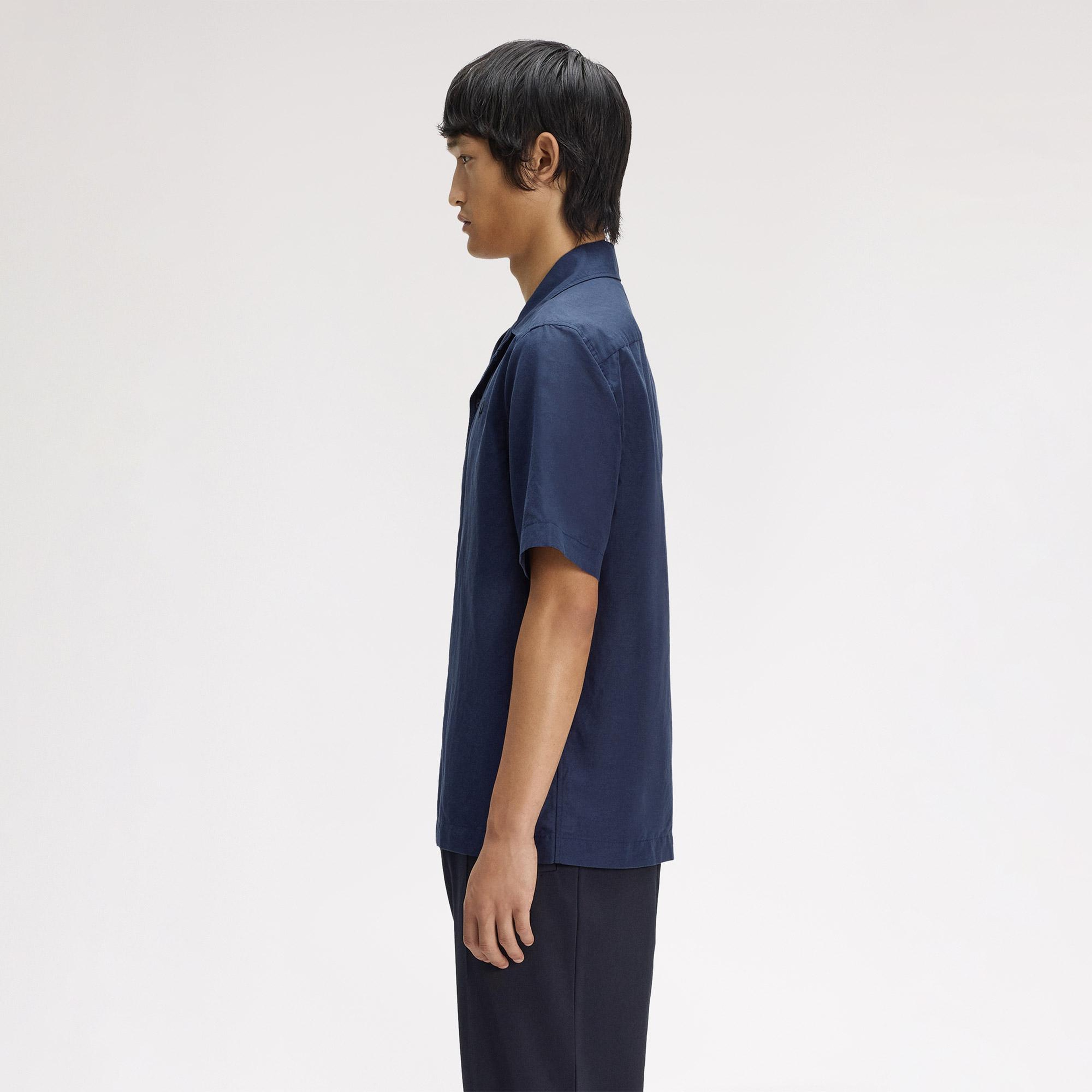 Fred Perry Keten Karışımlı Revere Collar Erkek Koyu Mavi Gömlek