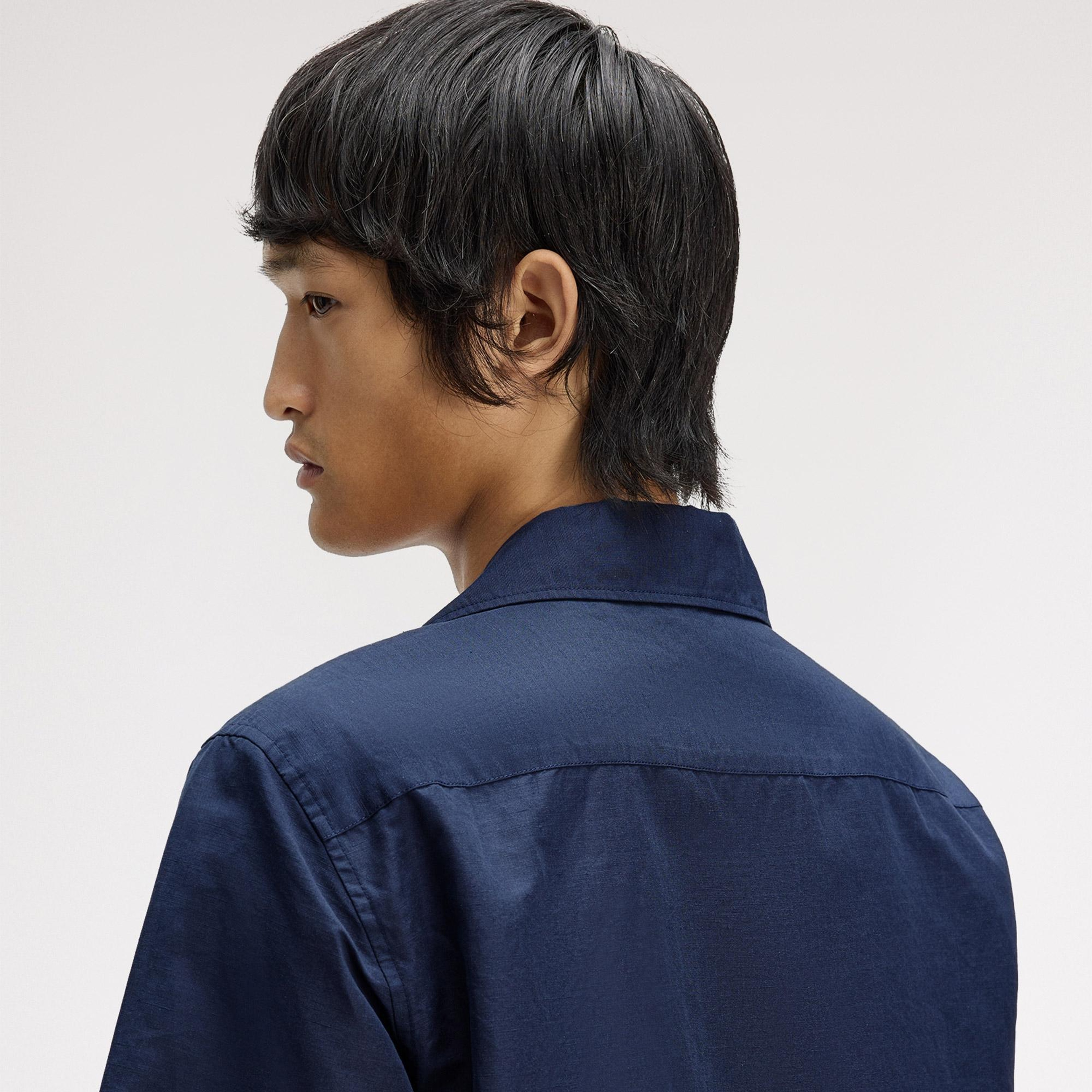 Fred Perry Keten Karışımlı Revere Collar Erkek Koyu Mavi Gömlek