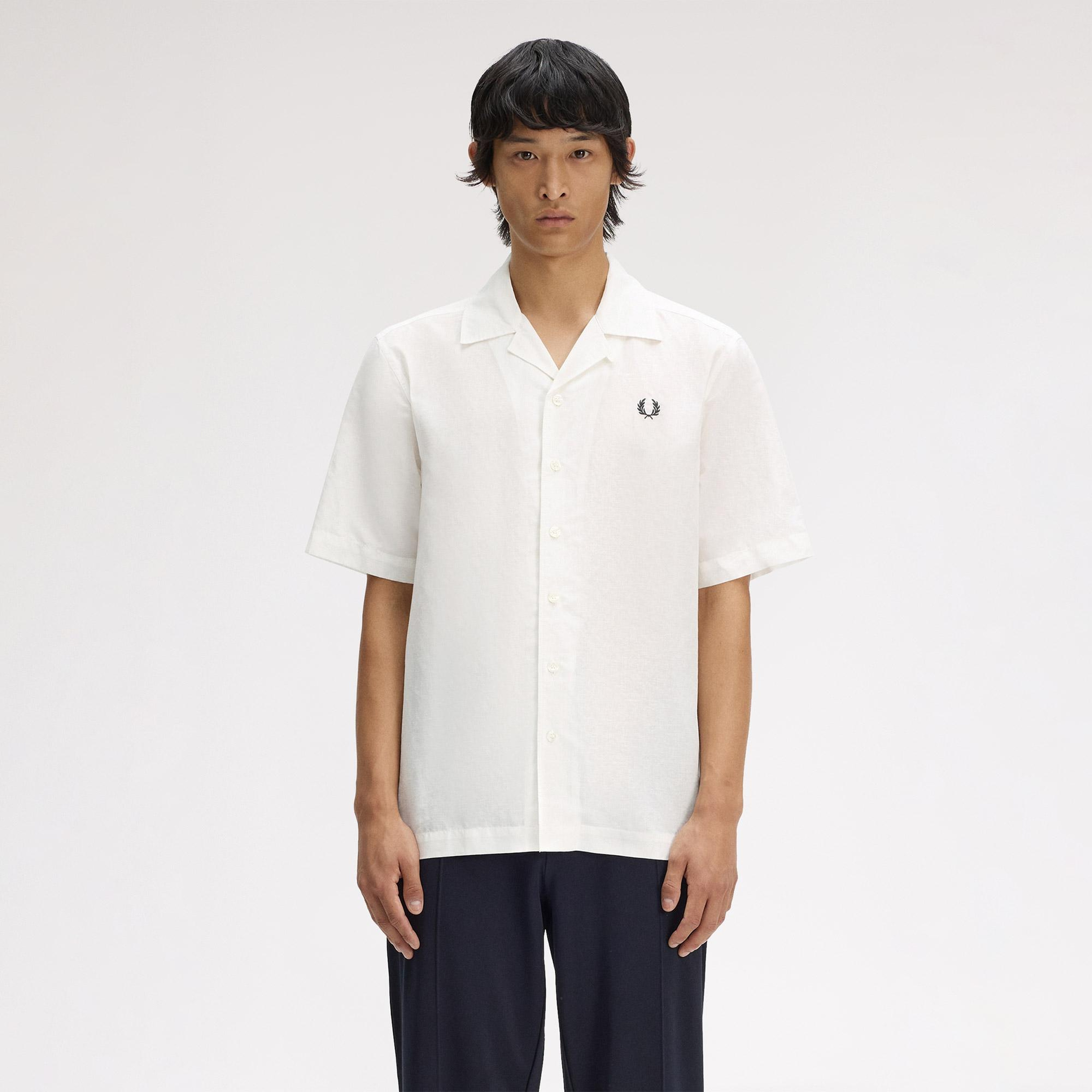 Fred Perry Keten Karışımlı Revere Collar Erkek Beyaz Gömlek