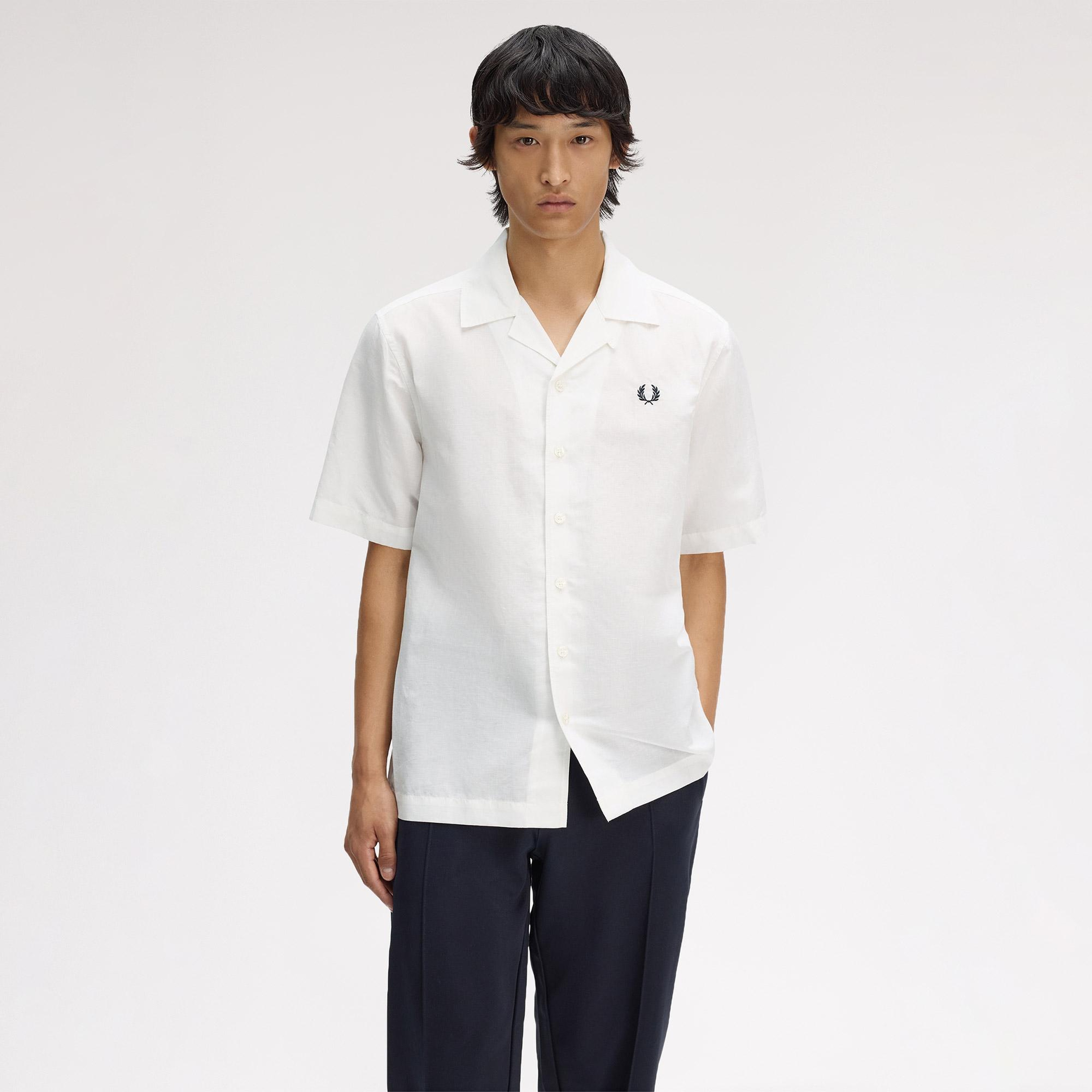 Fred Perry Keten Karışımlı Revere Collar Erkek Beyaz Gömlek